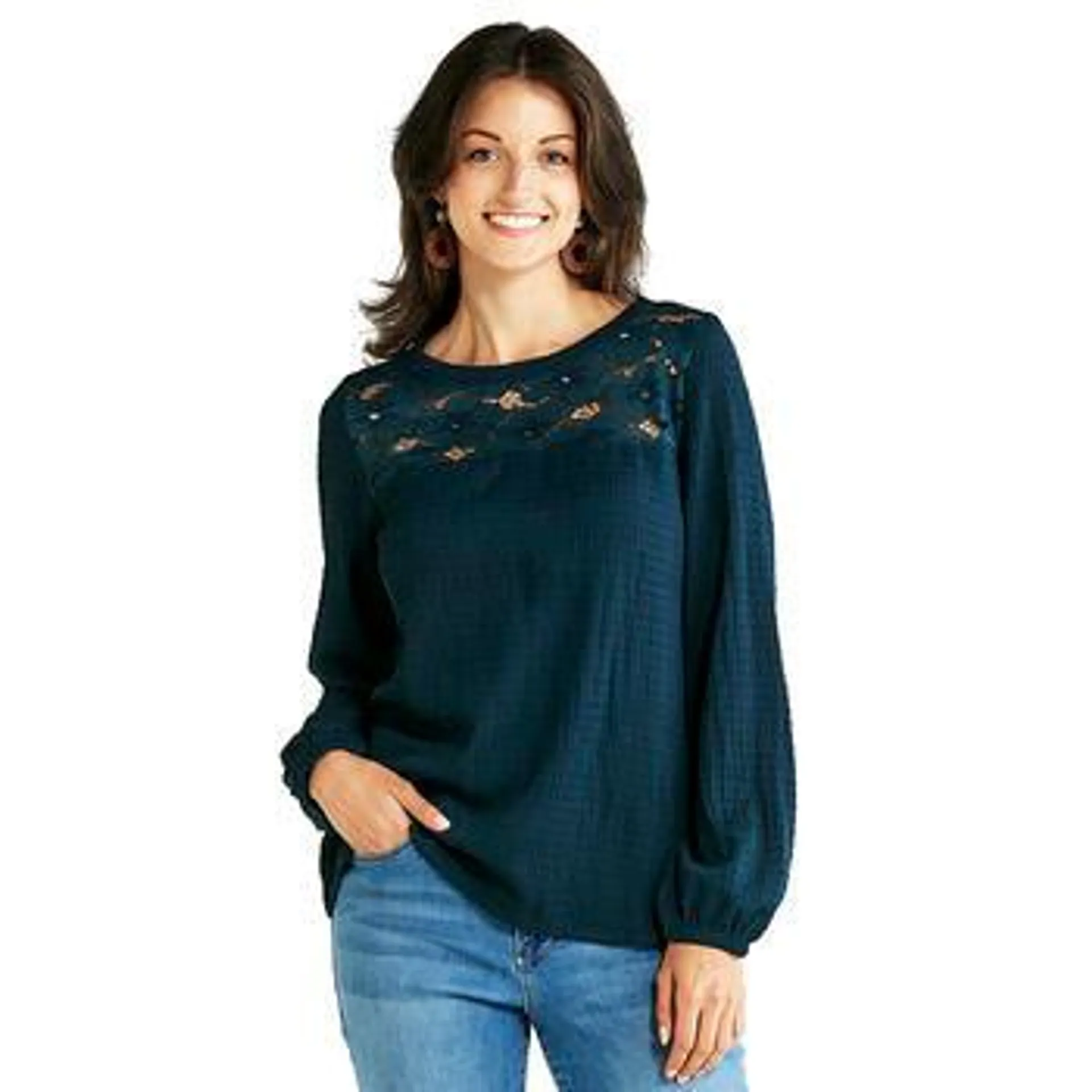 Womens Absolutely Famous Long Sleeve Crew Neck Lace Blouse