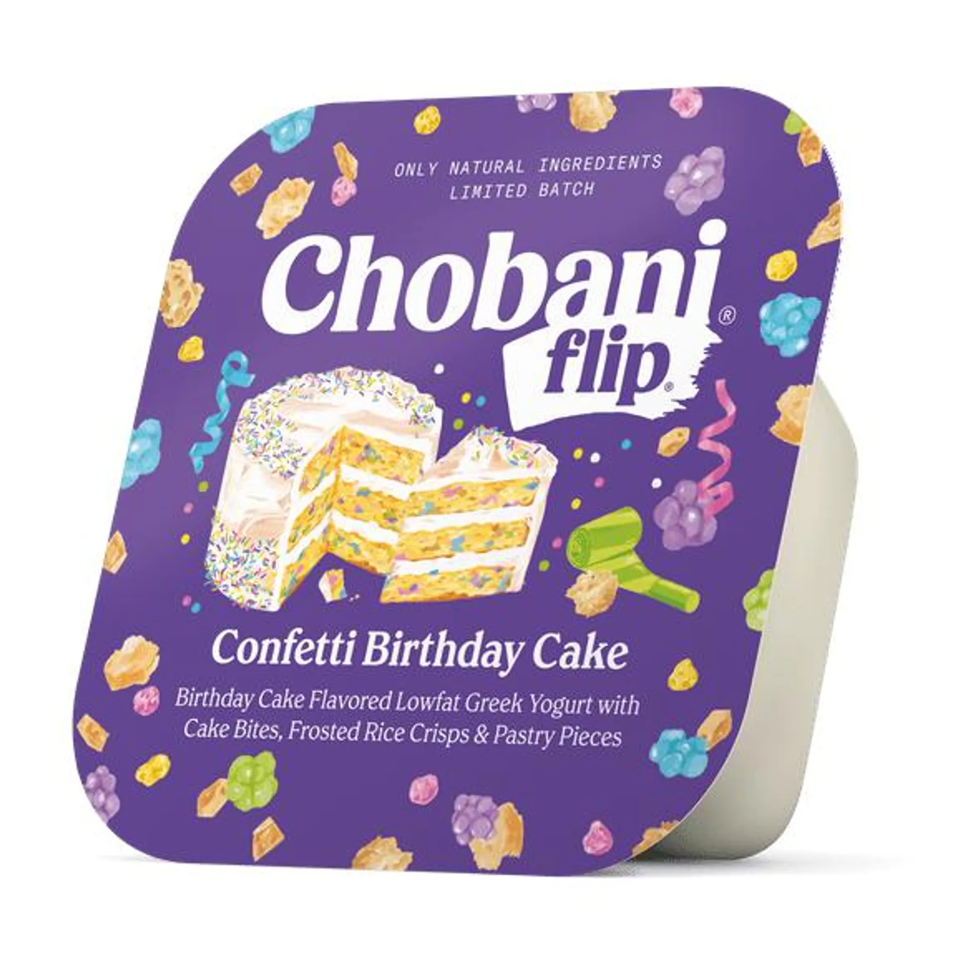 Chobani Flip SS Low-Fat Greek Yogurt, Limited Batch, Confetti Birthday Cake 4.5 oz Plastic