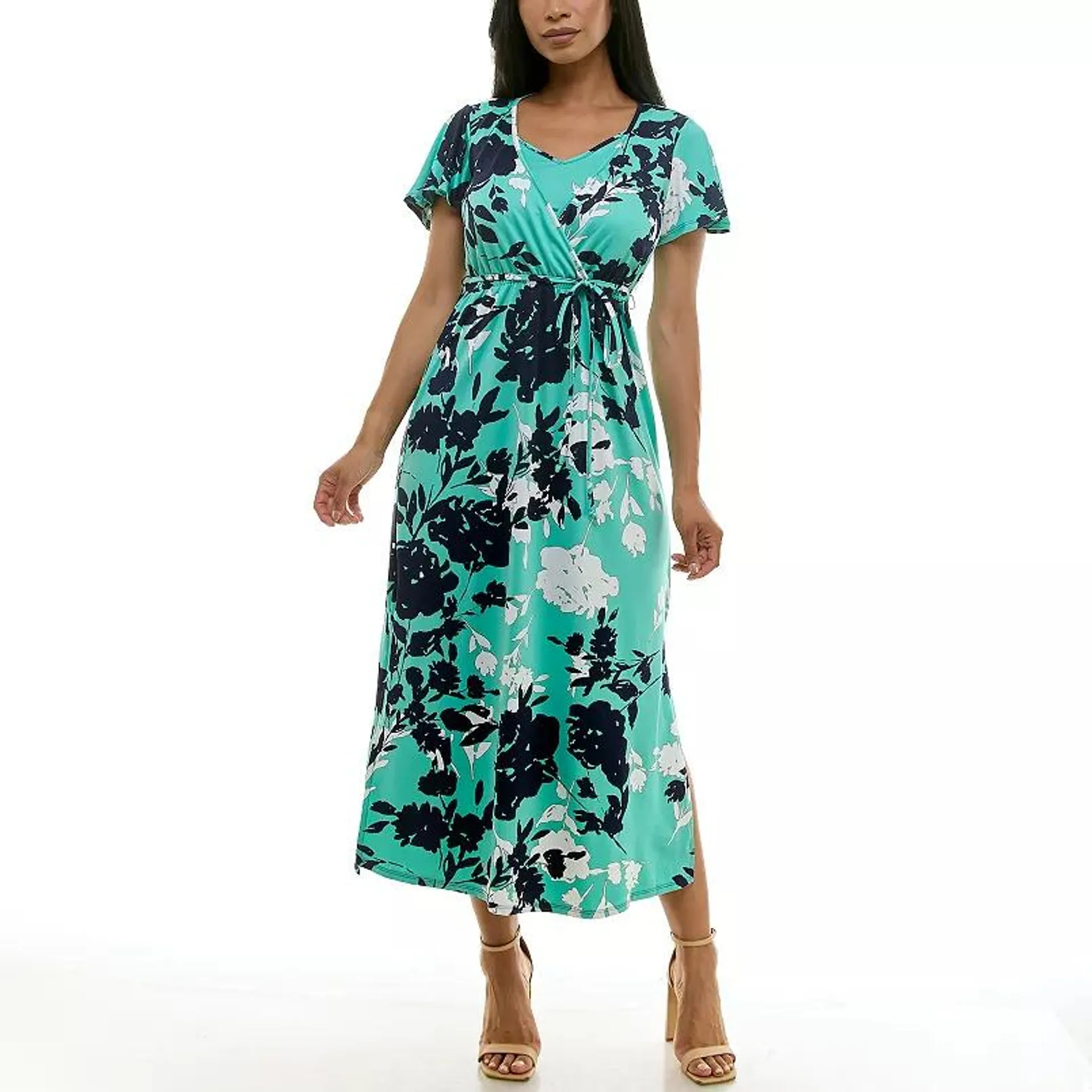 Women's Nina Leonard Flutter Sleeve Faux Undershirt Maxi Dress