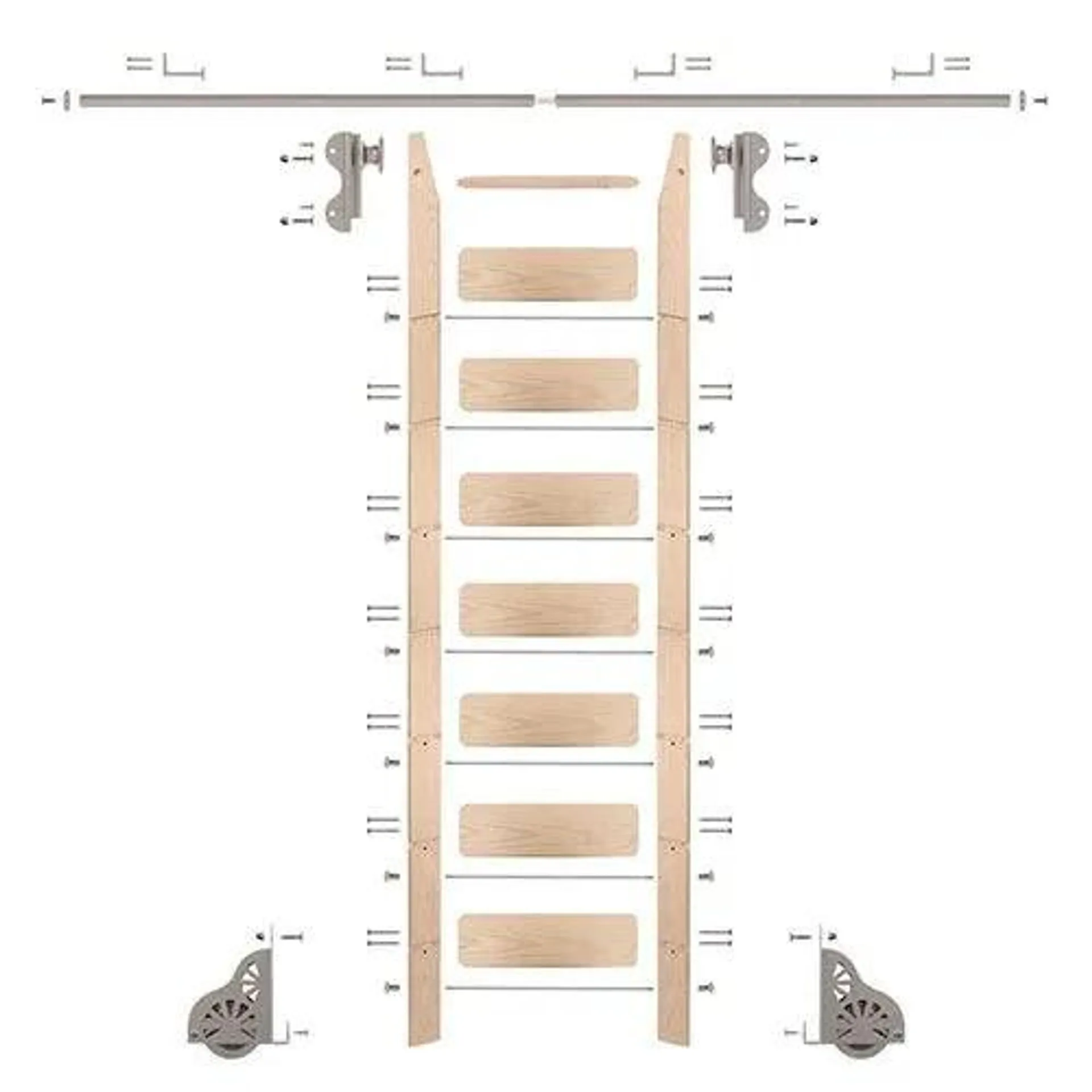 Quiet Glide Maple Library Ladder & 8 Ft Rolling Hook Hardware Kit