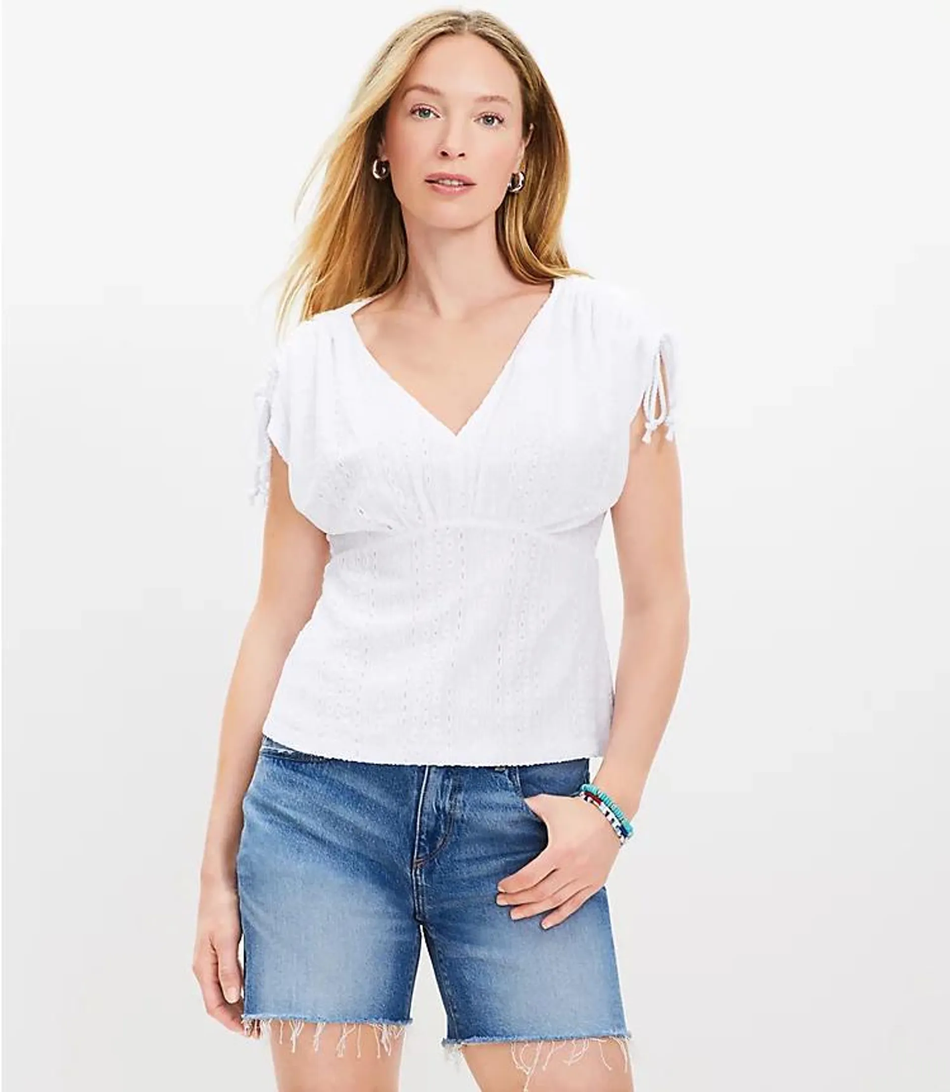 Eyelet Jacquard Ruched V-Neck Top