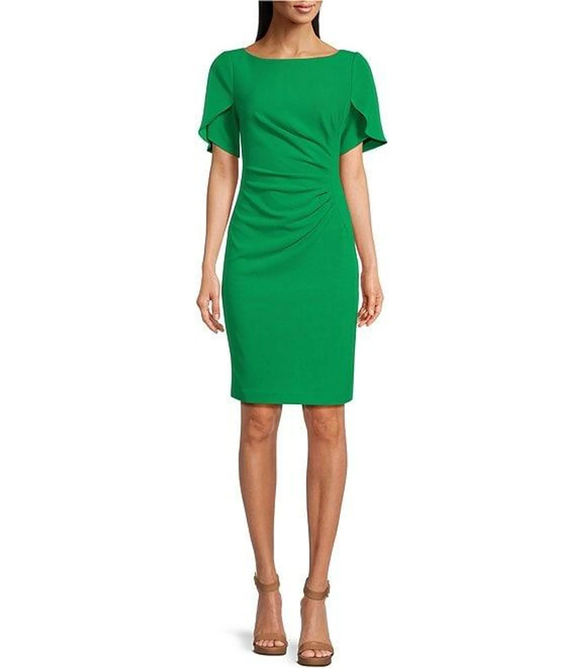 Stretch Boat Neck Short Tulip Sleeve Ruched Bodice Sheath Dress