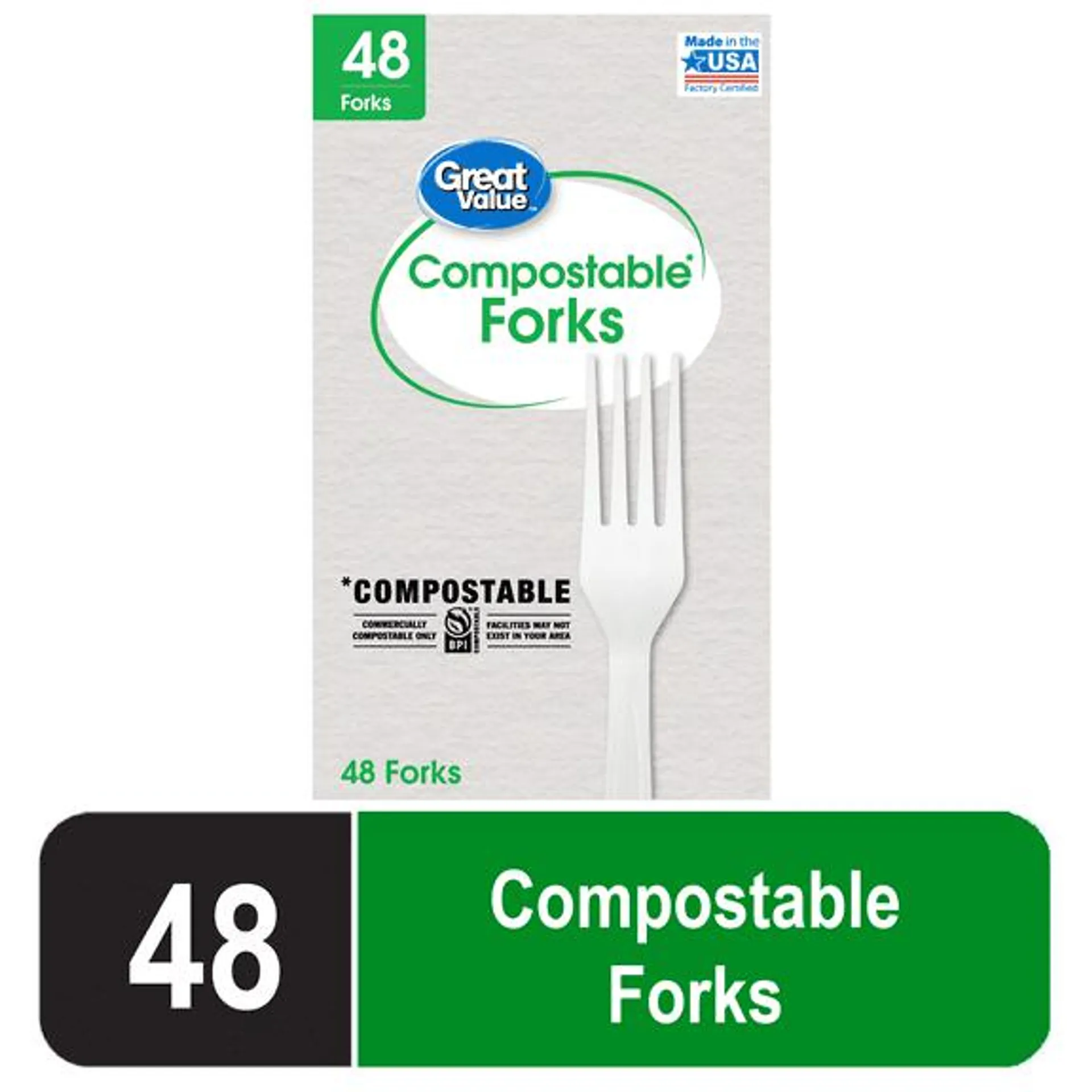 Great Value Disposable Compostable Forks, White, 48 Count