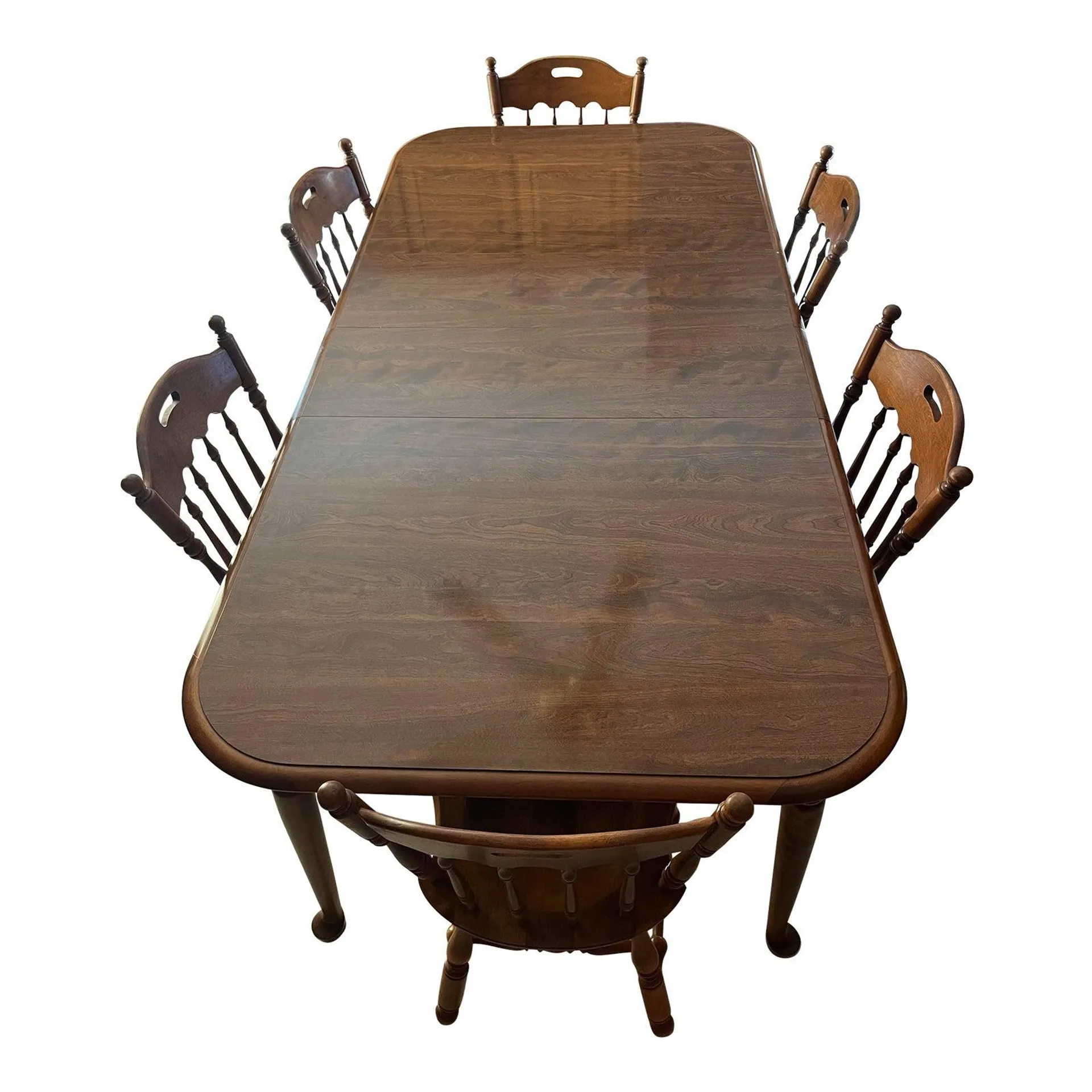 Late 20th Century Ethan Allen Heirloom Nutmeg Maple 10-6004p Dining Table Early American, W/Six 10-6002 Chairs -Set of 7