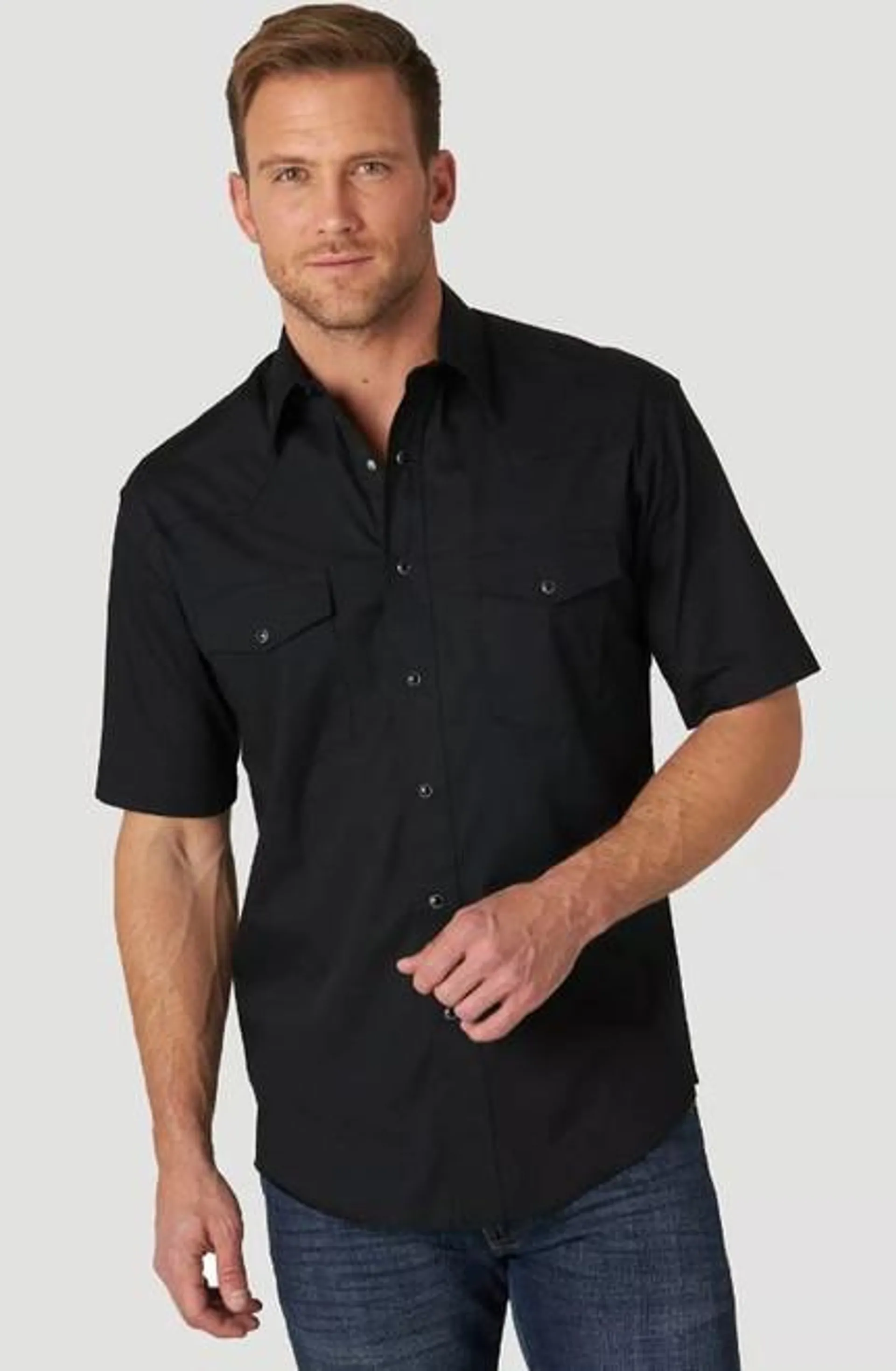 Wrangler Mens Black Sport Short Sleeve Solid Western Snap Shirt