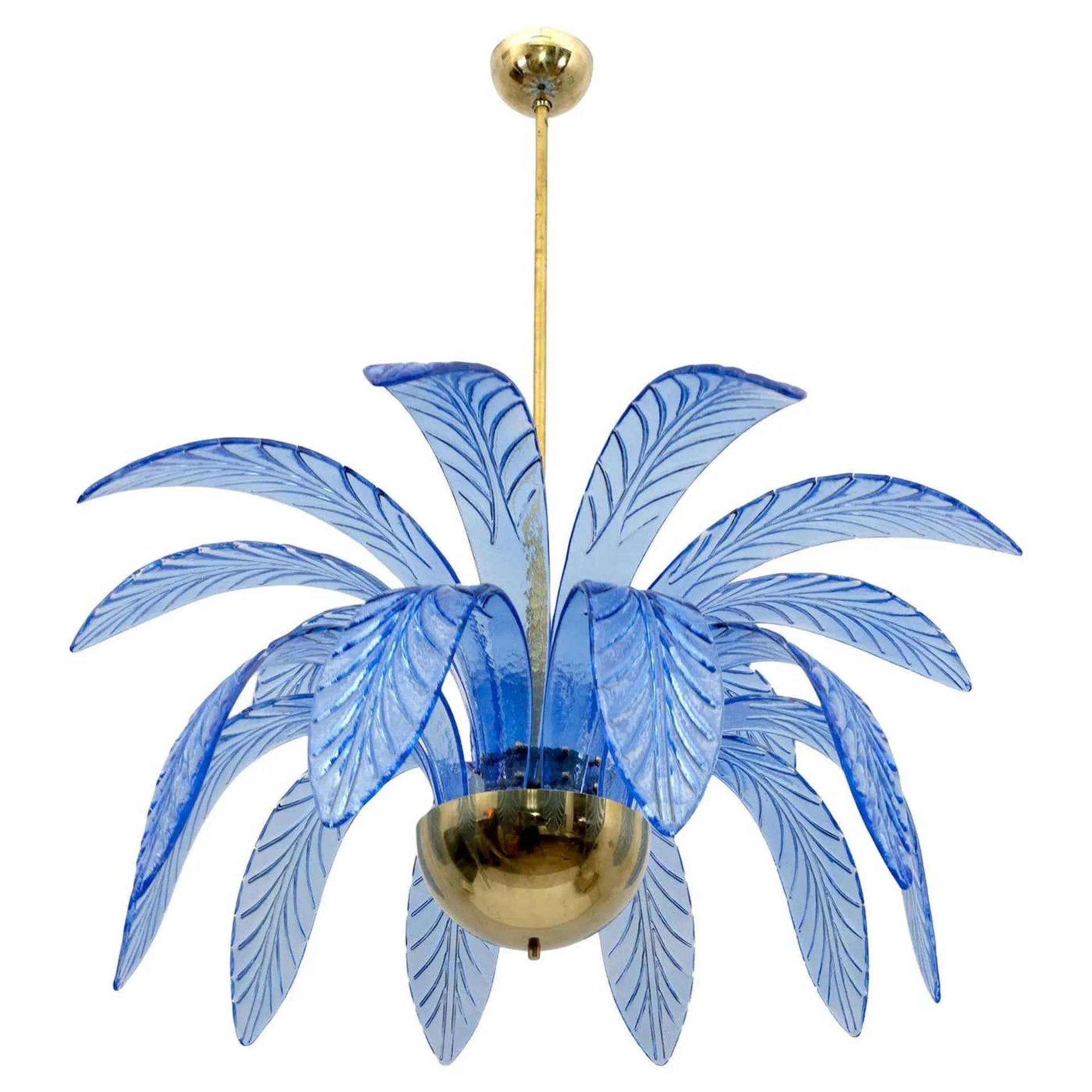 Mid-Century Modern Palm Leaves Chandelier Light Blue Murano Glass and Brass, 70s