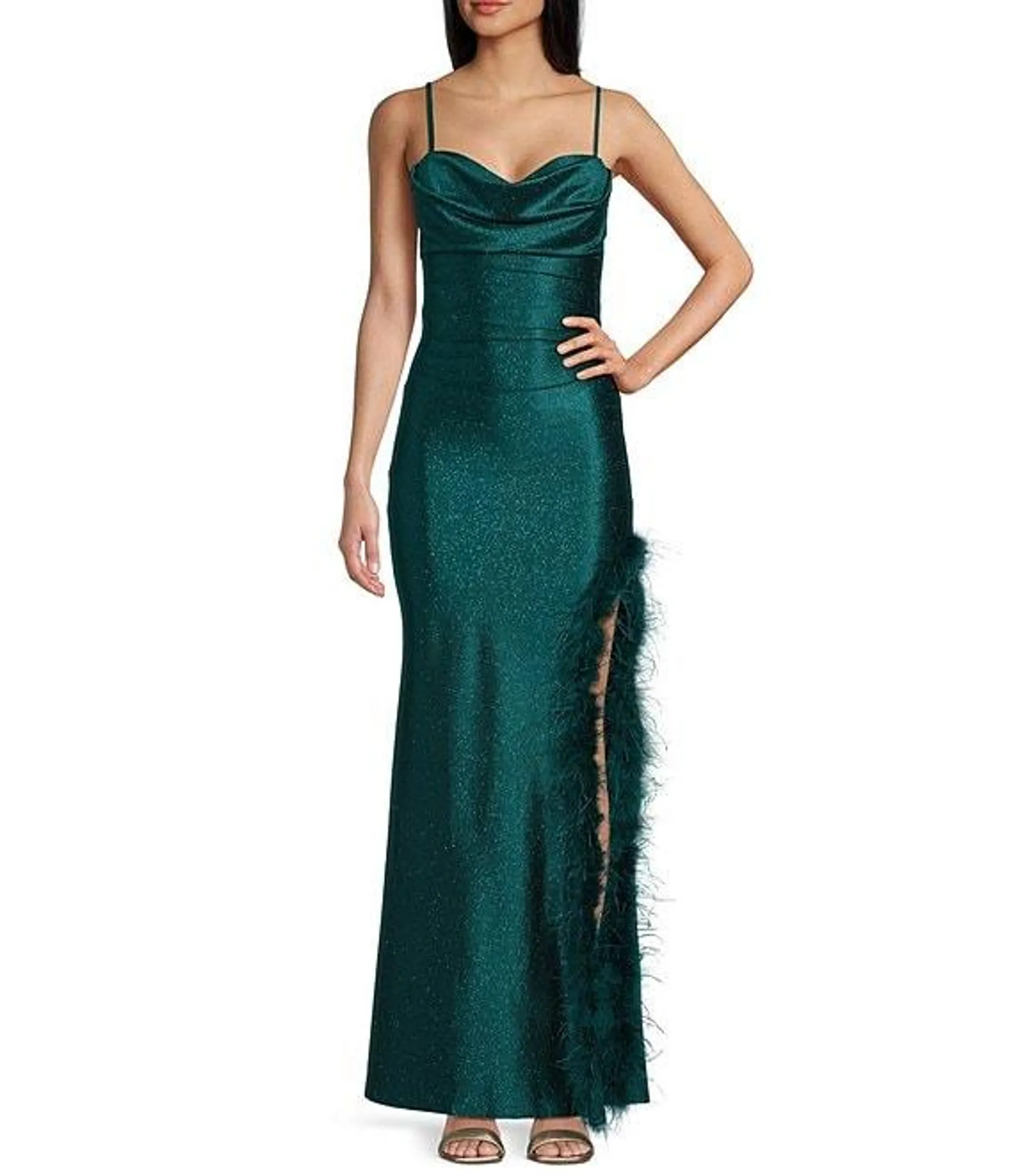 Drape Sweetheart Neck Side Slit Faux Feather Boa Trim Long Dress