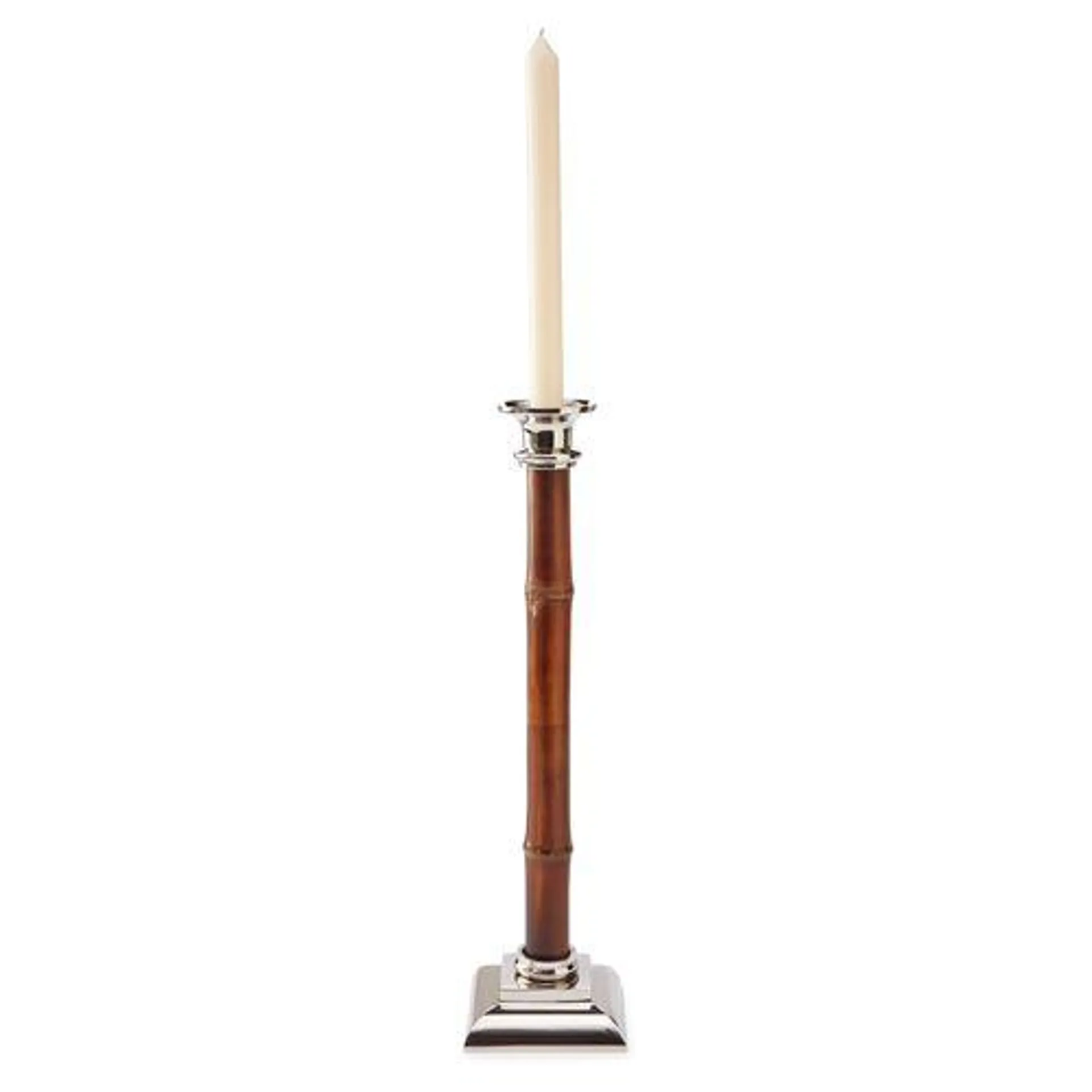 16" Bamboo Candlestick, Brown/Silver