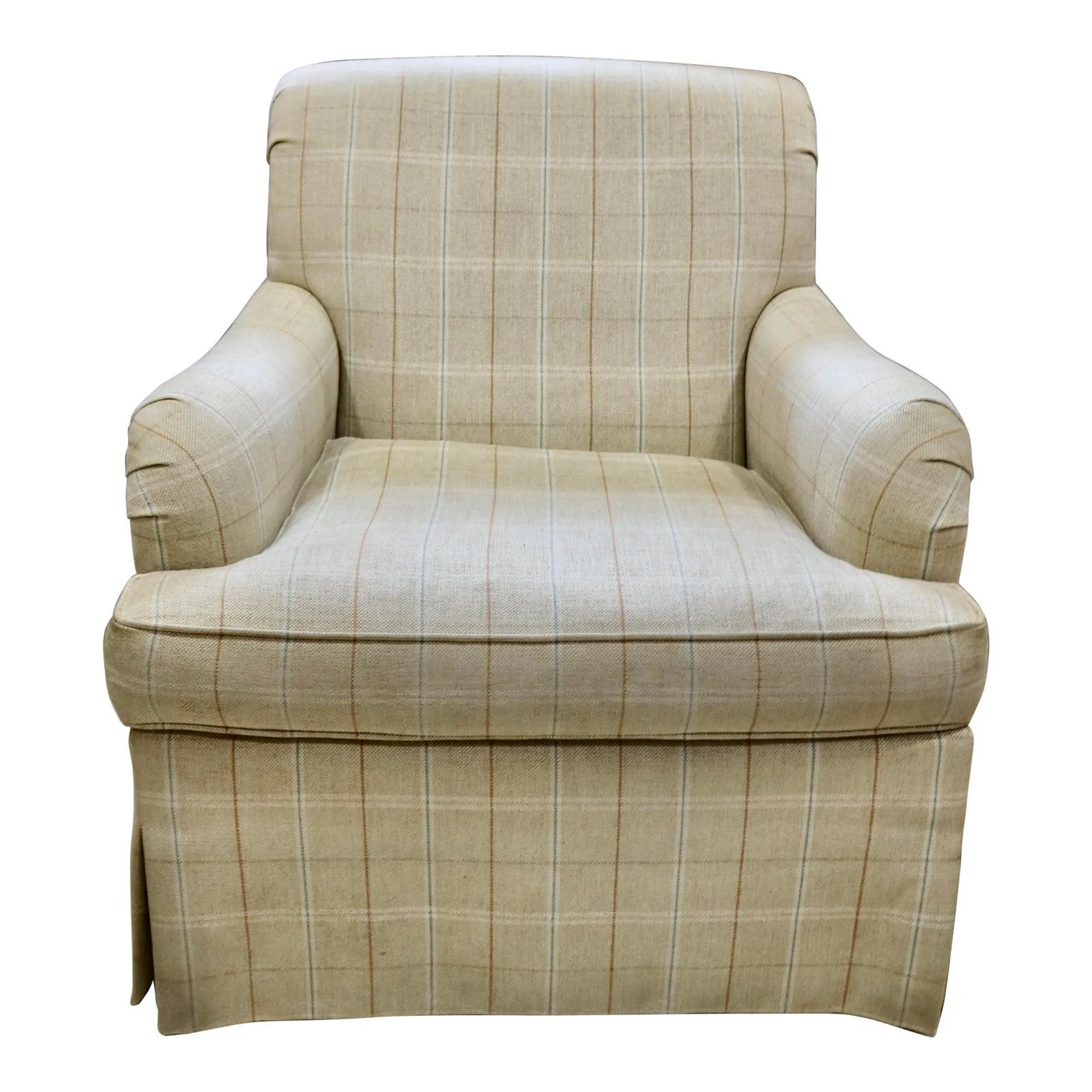 Late 20th Century Hickory Chair Co English Arm Chair in Neutral Plaid Linen Upholstery