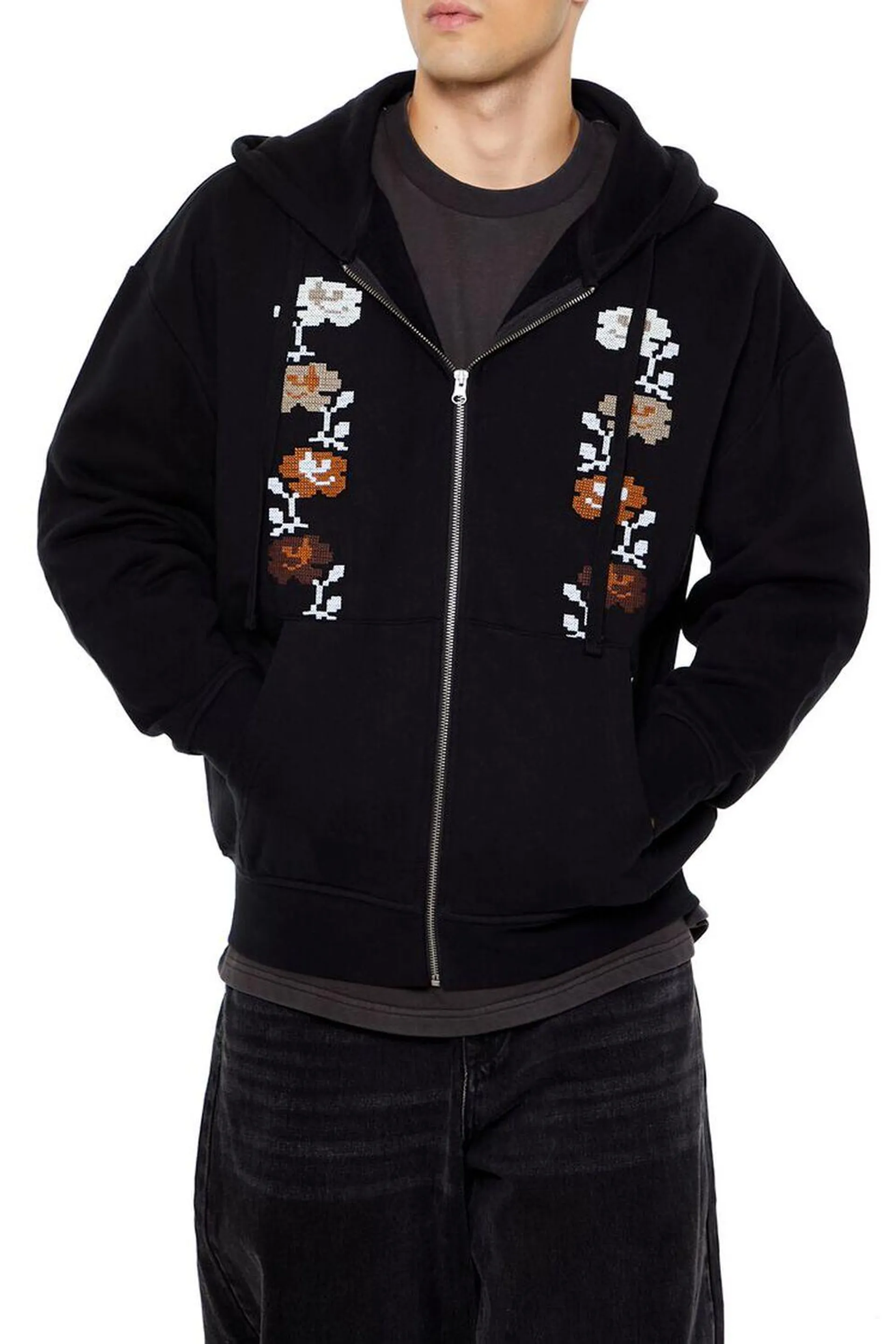 Embroidered Floral Zip-Up Hoodie