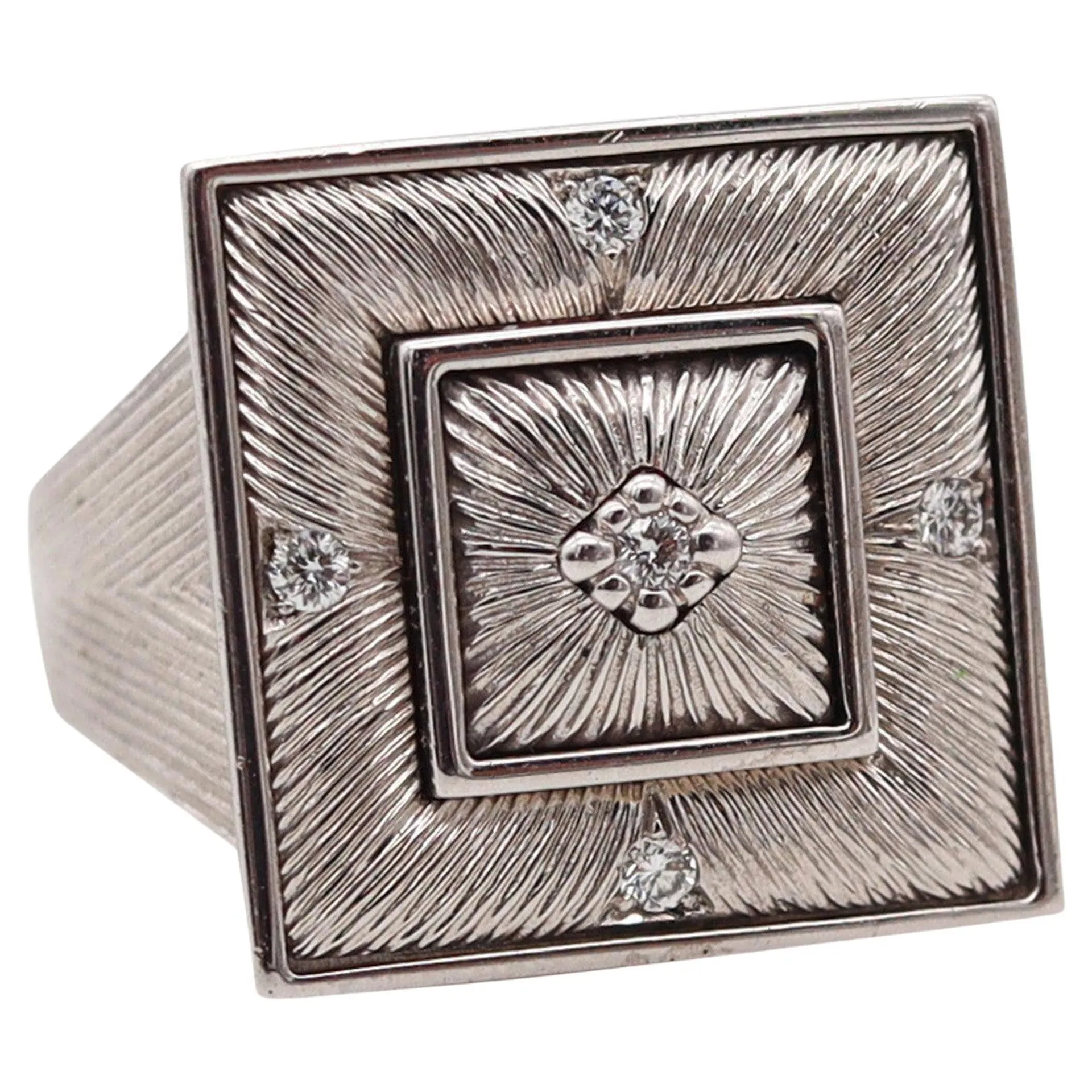 BUCCELLATI Etched Squared Cocktail Ring In 18Kt White Gold With Diamonds