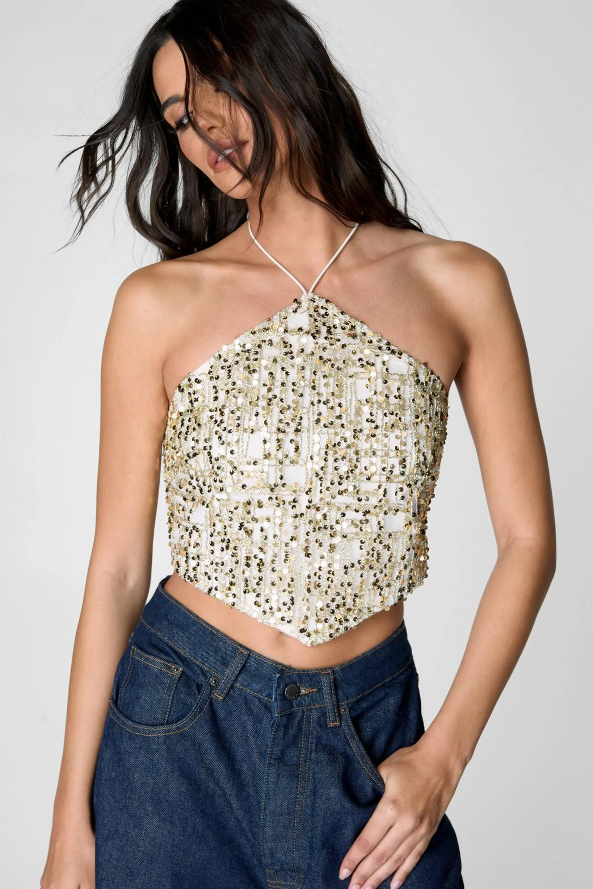 Check Sequin Halter Neck Crop Top