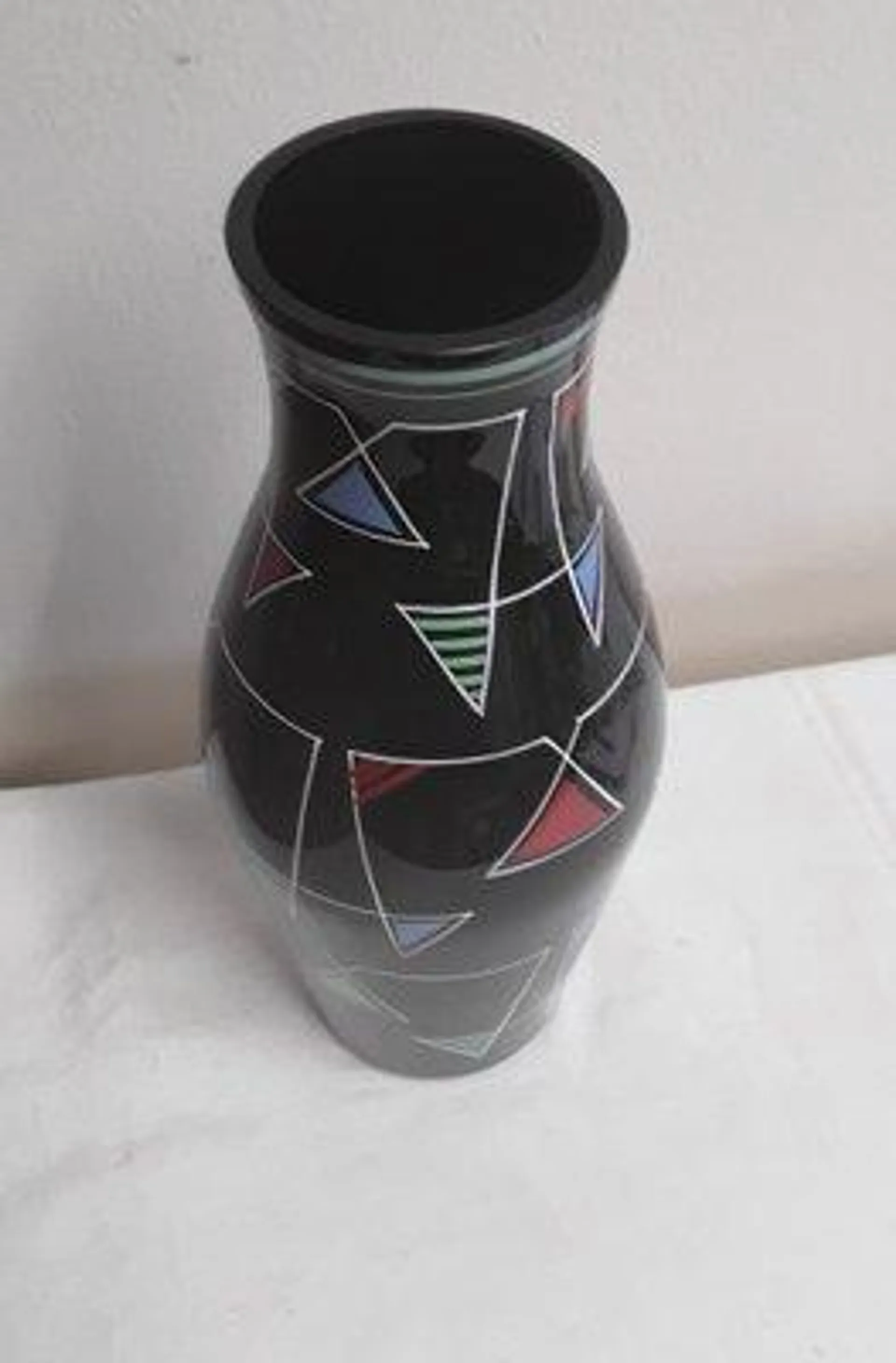 Mid-Century Black Glass Vase with Hand-Painted Geometric Colored Decor by Veb Kunstglas Wasungen, 1960s