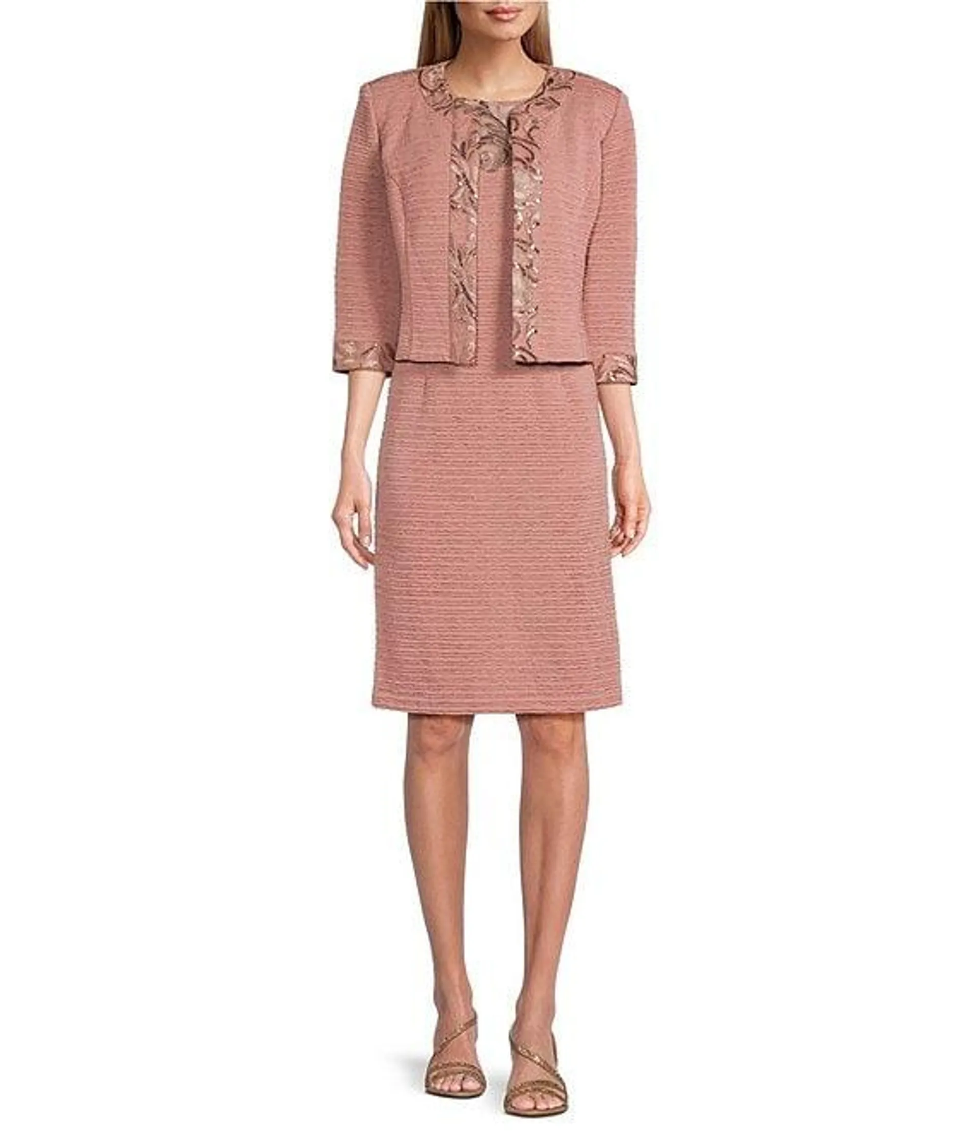 Round Neck 3/4 Sleeve Embroidered Mesh Trim Textured 2-Piece Jacket Dress