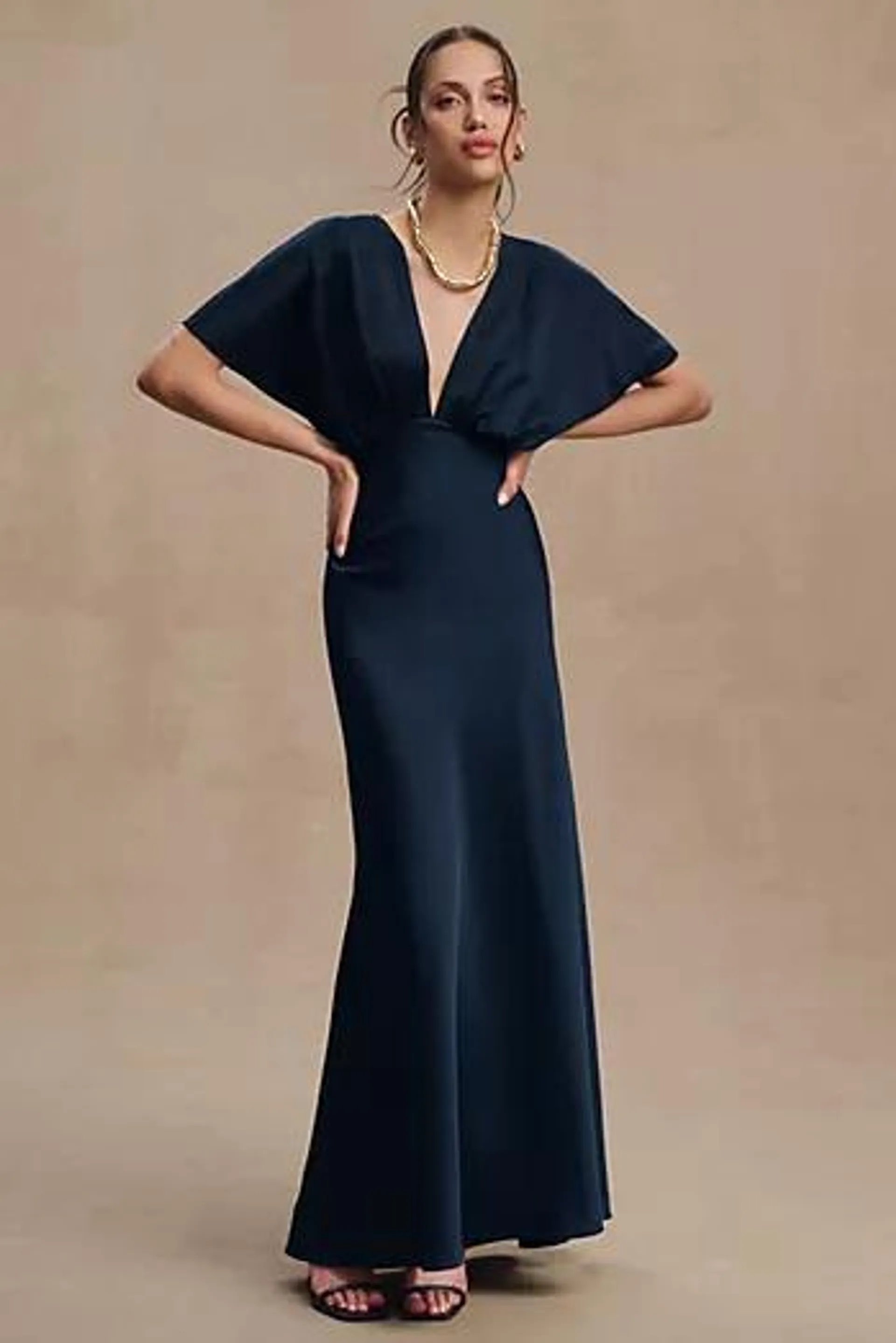 BHLDN Leila Deep-V Flutter-Sleeve Satin A-Line Gown