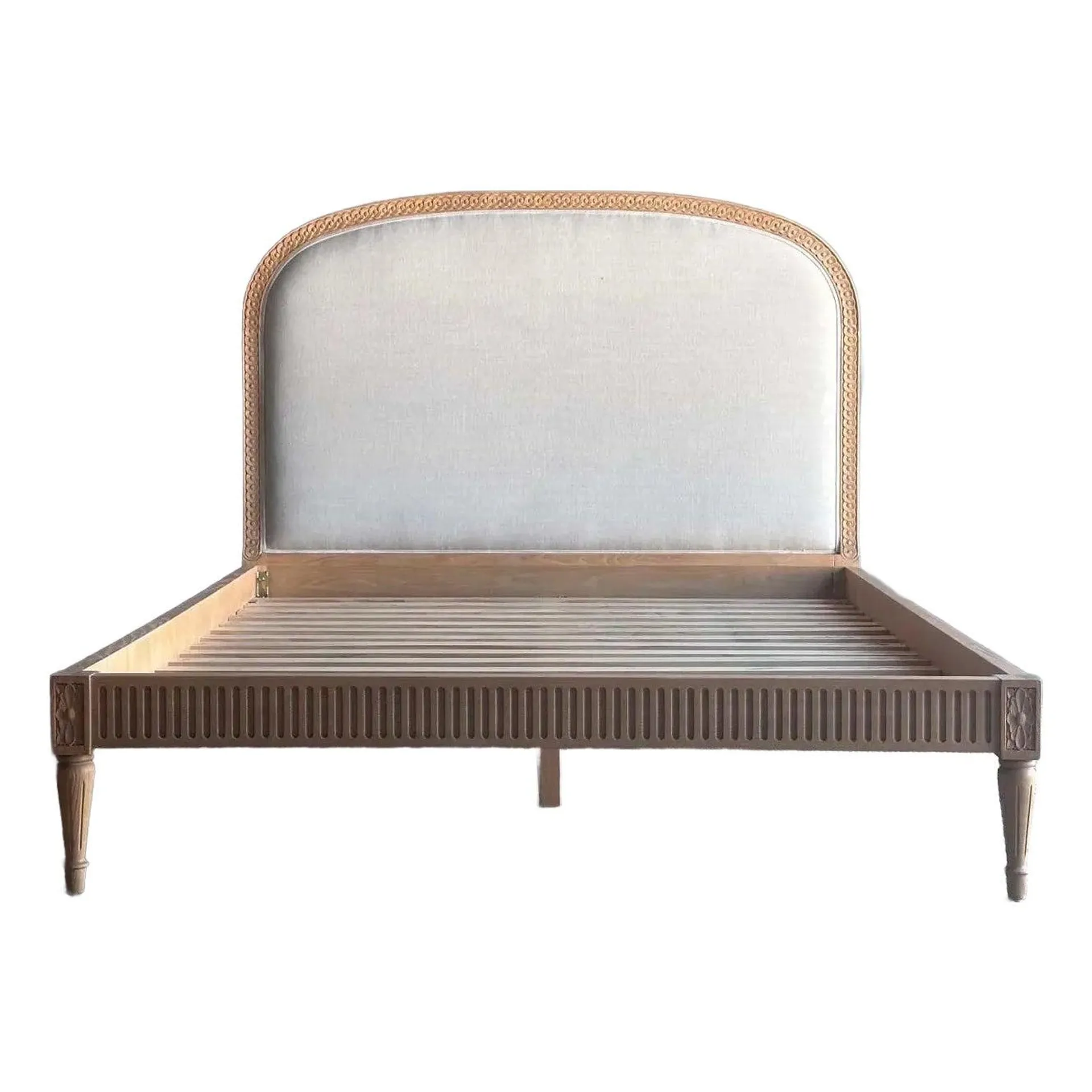 Solid Oak French Carved Queen Size Bed Upholstered in Natural Linen