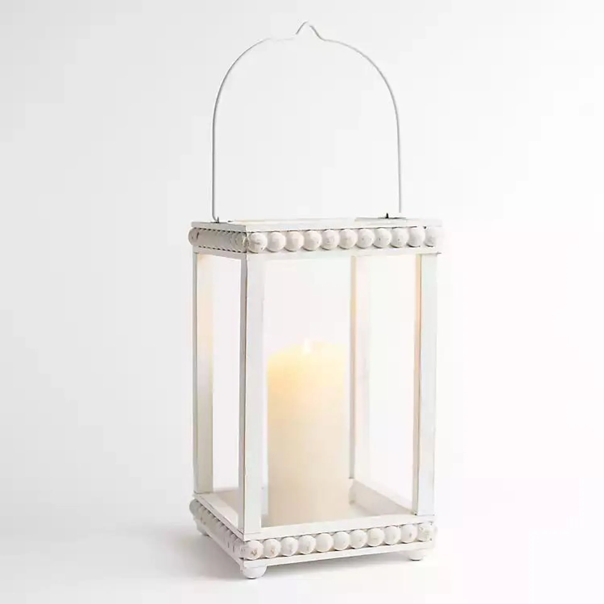 Heather White Beaded Wood Lantern, 12 in.