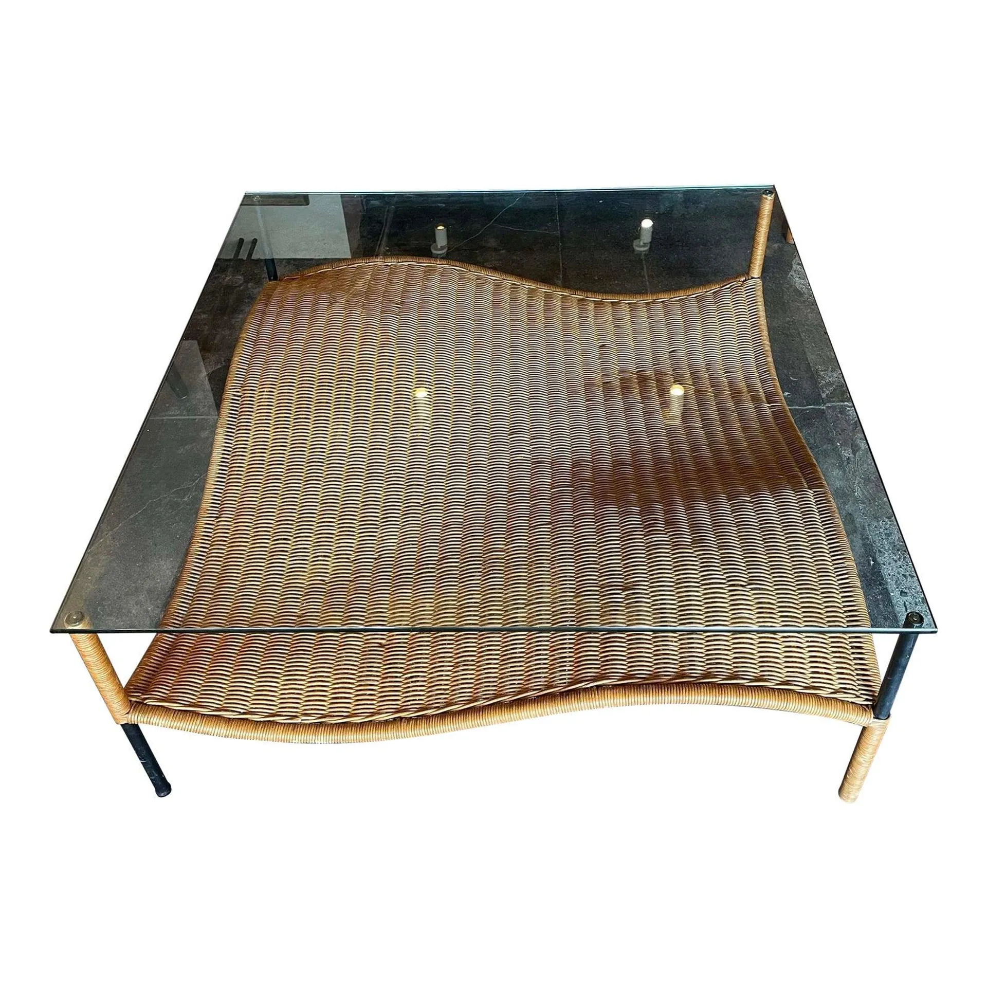 1970's Rattan + Glass Coffee Table