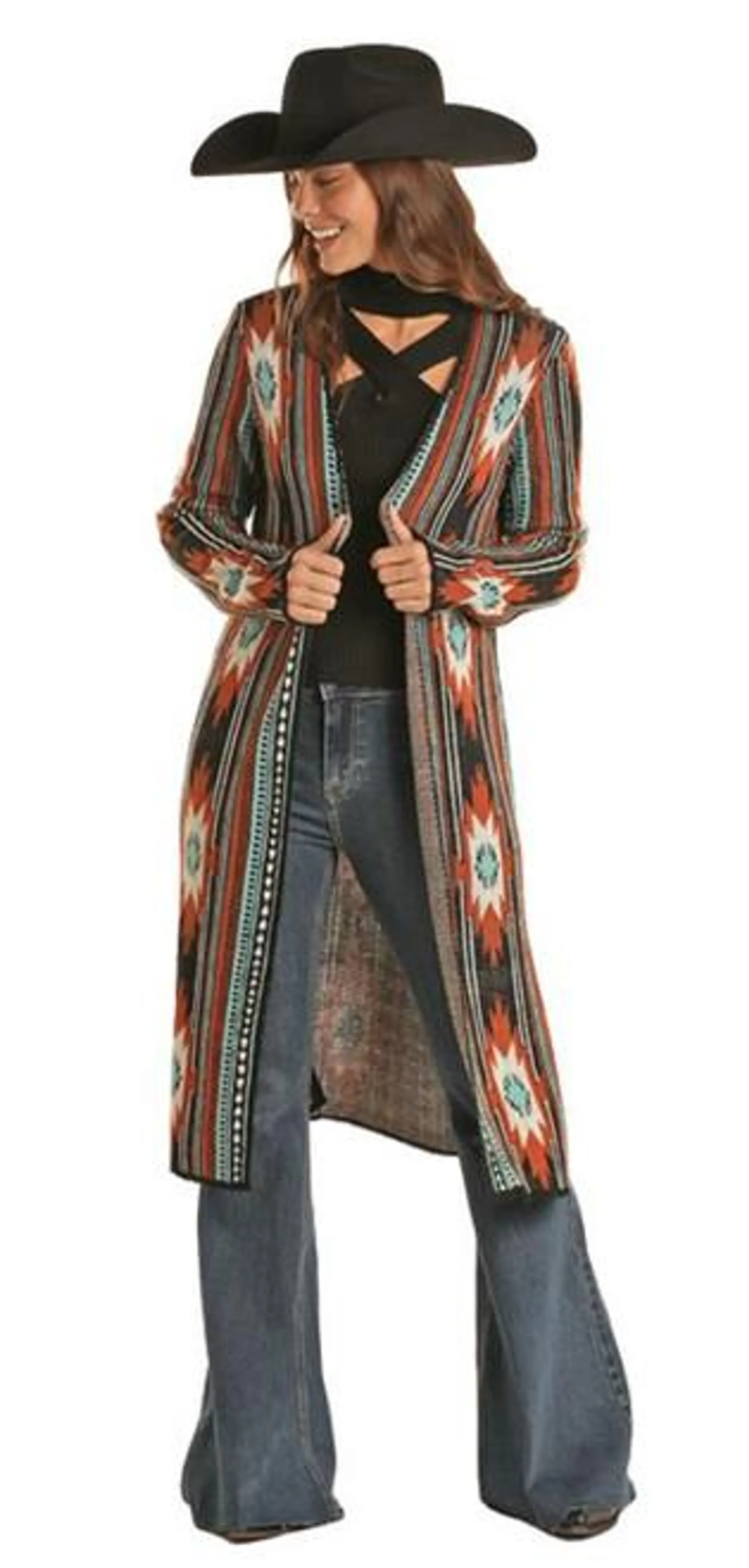 Rock & Roll Cowgirl Women's Rust Aztec Print Long Sleeve Duster