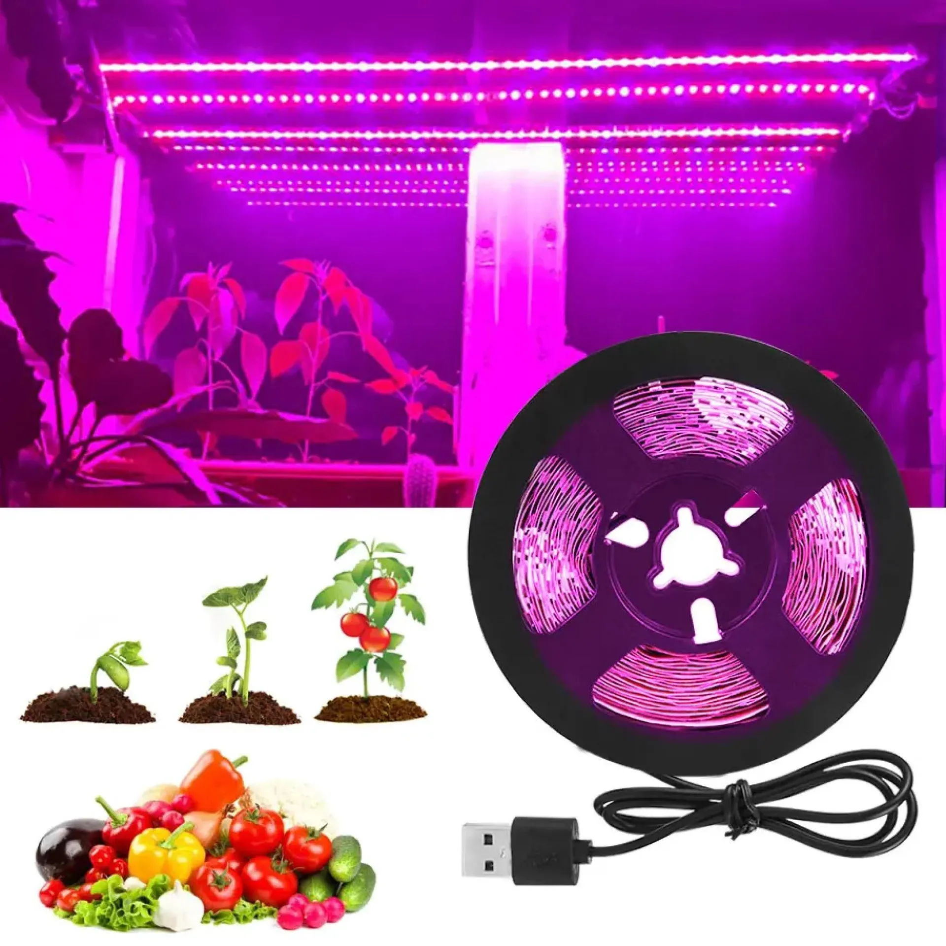 Luz LED de cultivo USB de 5 V CC, espectro completo, 2 m, 3 m, tira de luces LED para cultivo de plantas, lámpara fito, tienda de cultivo de plántulas y flores vegetales