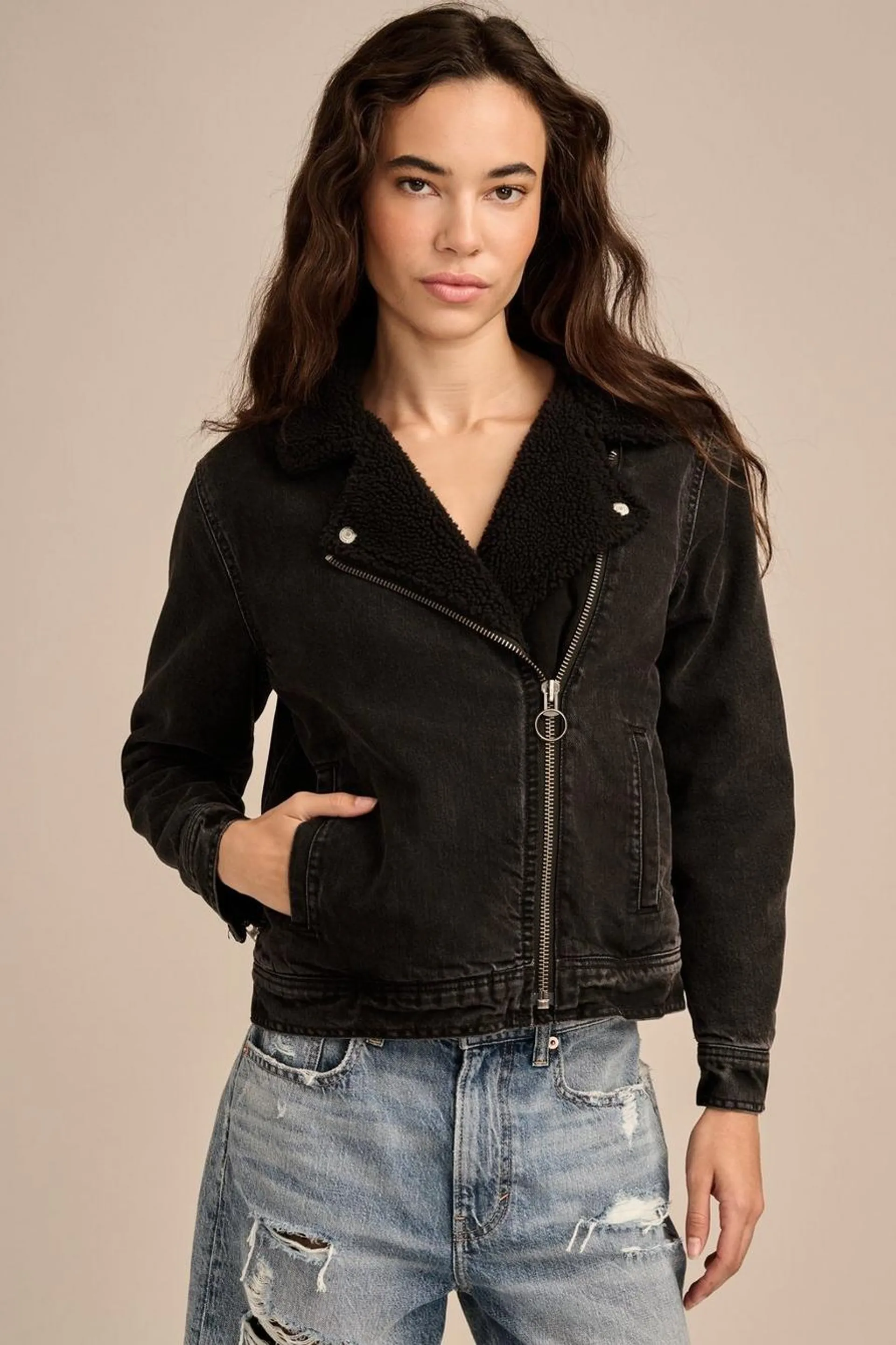 faux shearling denim moto jacket