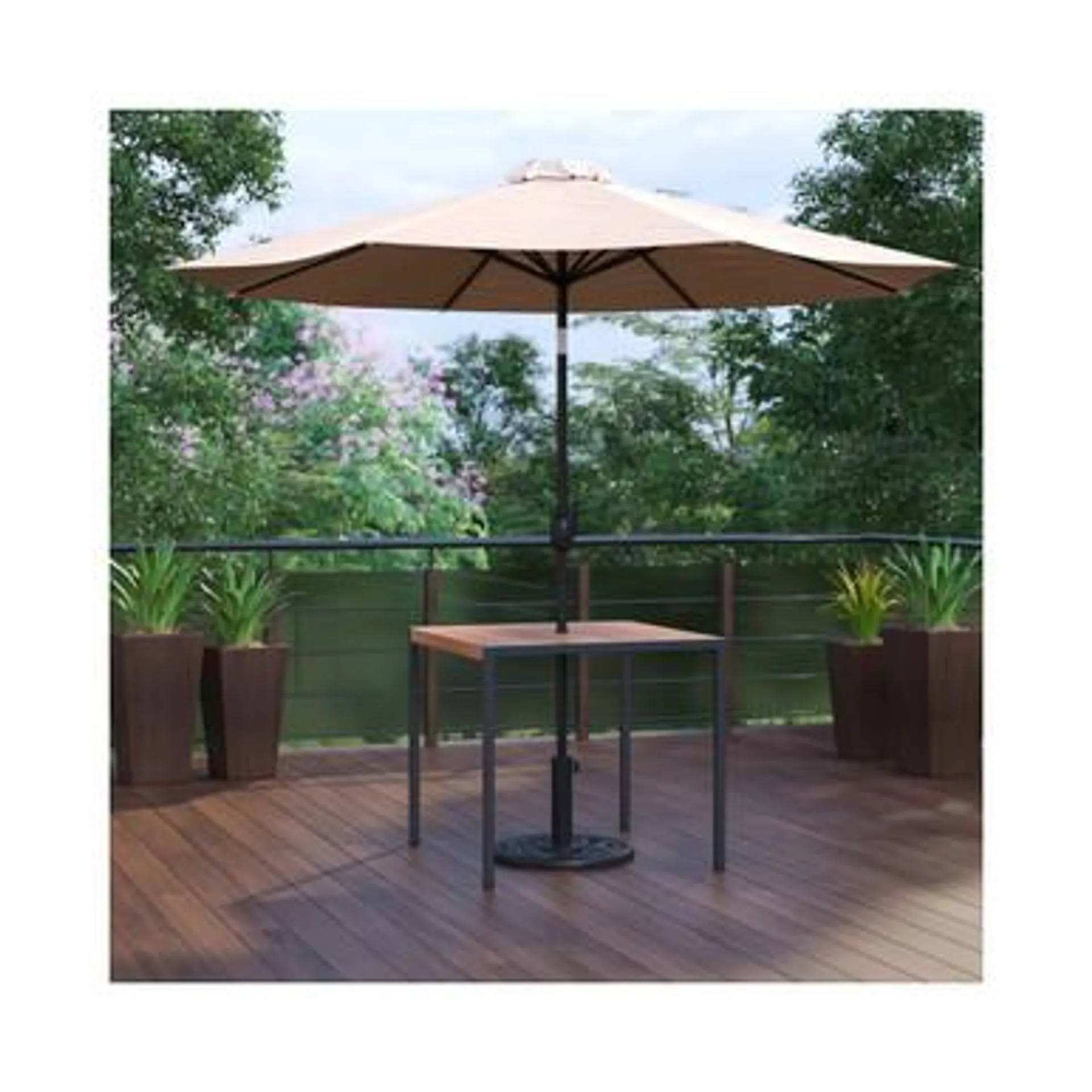 3 Piece Outdoor Patio Table Set 35” Square Synthetic Teak Patio Table with Umbrella Hole and Tan Umbrella with Base