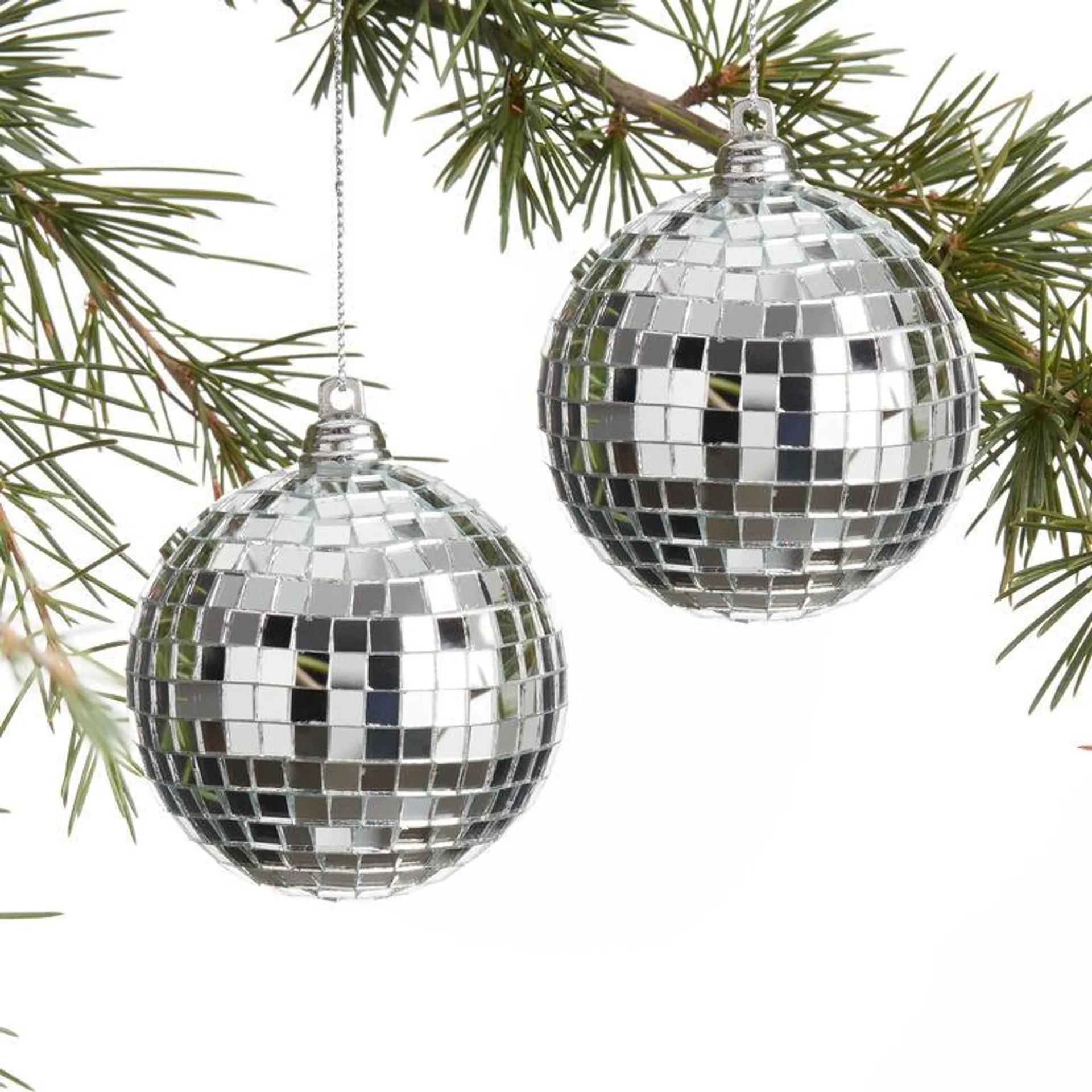 Silver Mirrored Disco Ball Ornaments Set of 2