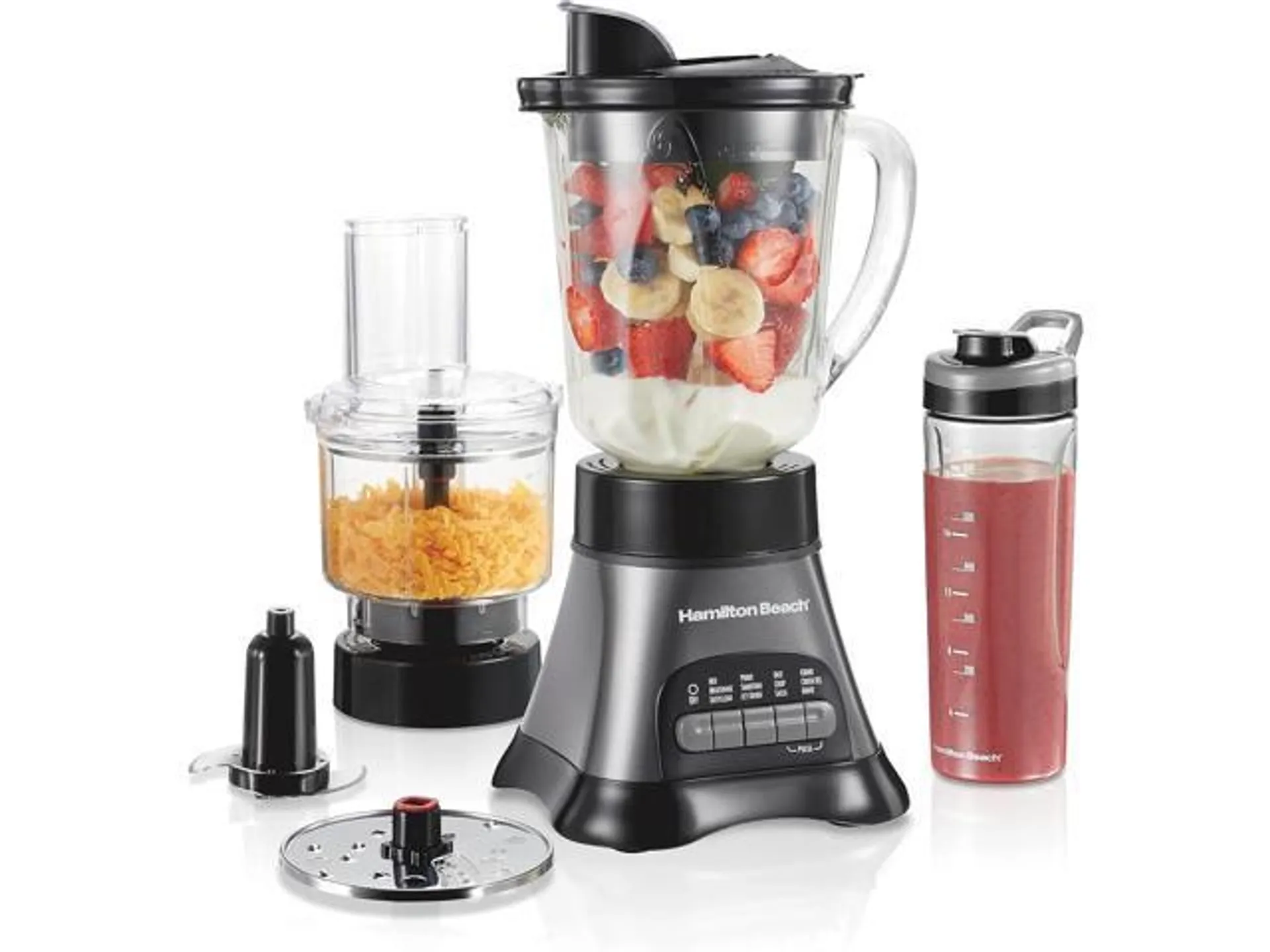 Hamilton Beach Blender for Shakes and Smoothies & Food Processor Combo, With 40oz Glass Jar, Portable Blend-In Travel Cup & 3 Cup Electric Food Chopper Attachment, 700 Watts, Gray & Black (58163)