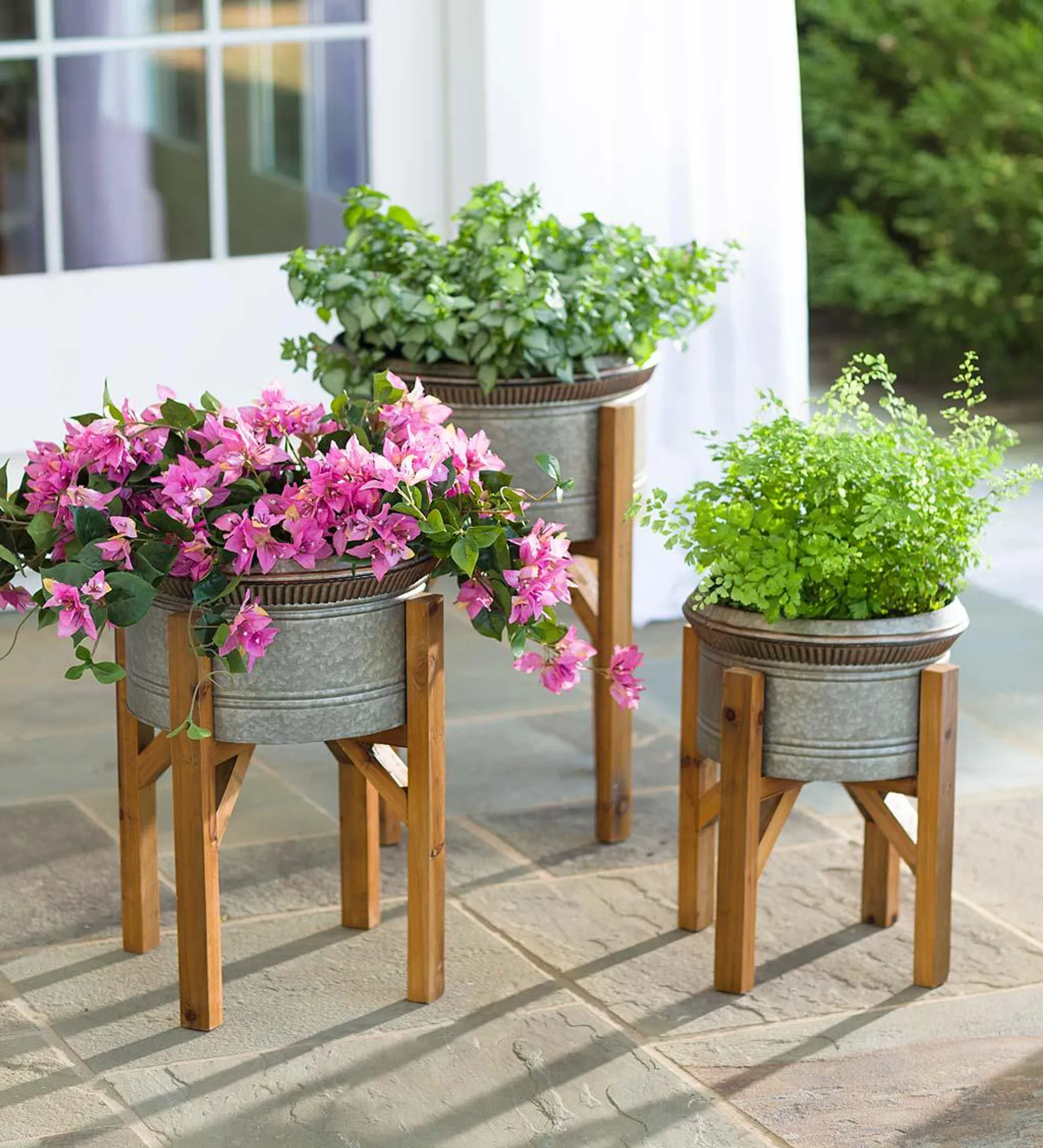 Galvanized Planters with Wooden Stands, Set of 3