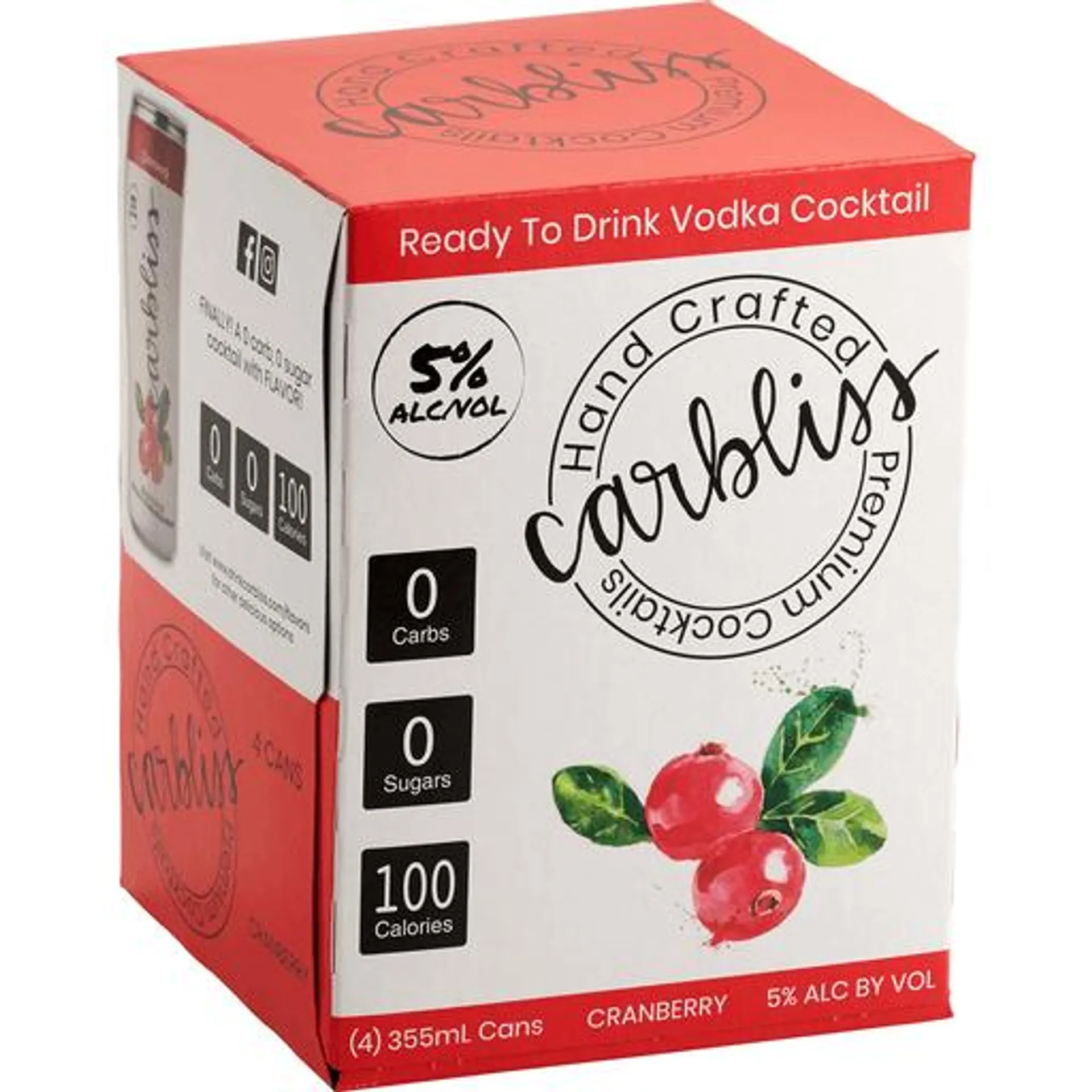 Carbliss Cranberry Vodka Cocktail, 4 pack cans