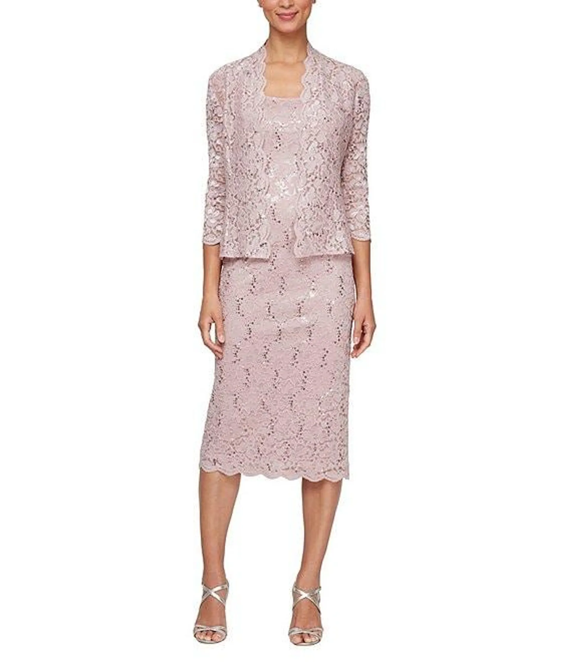 3/4 Sleeve Square Neck Sequin Lace 2-Piece Jacket Dress