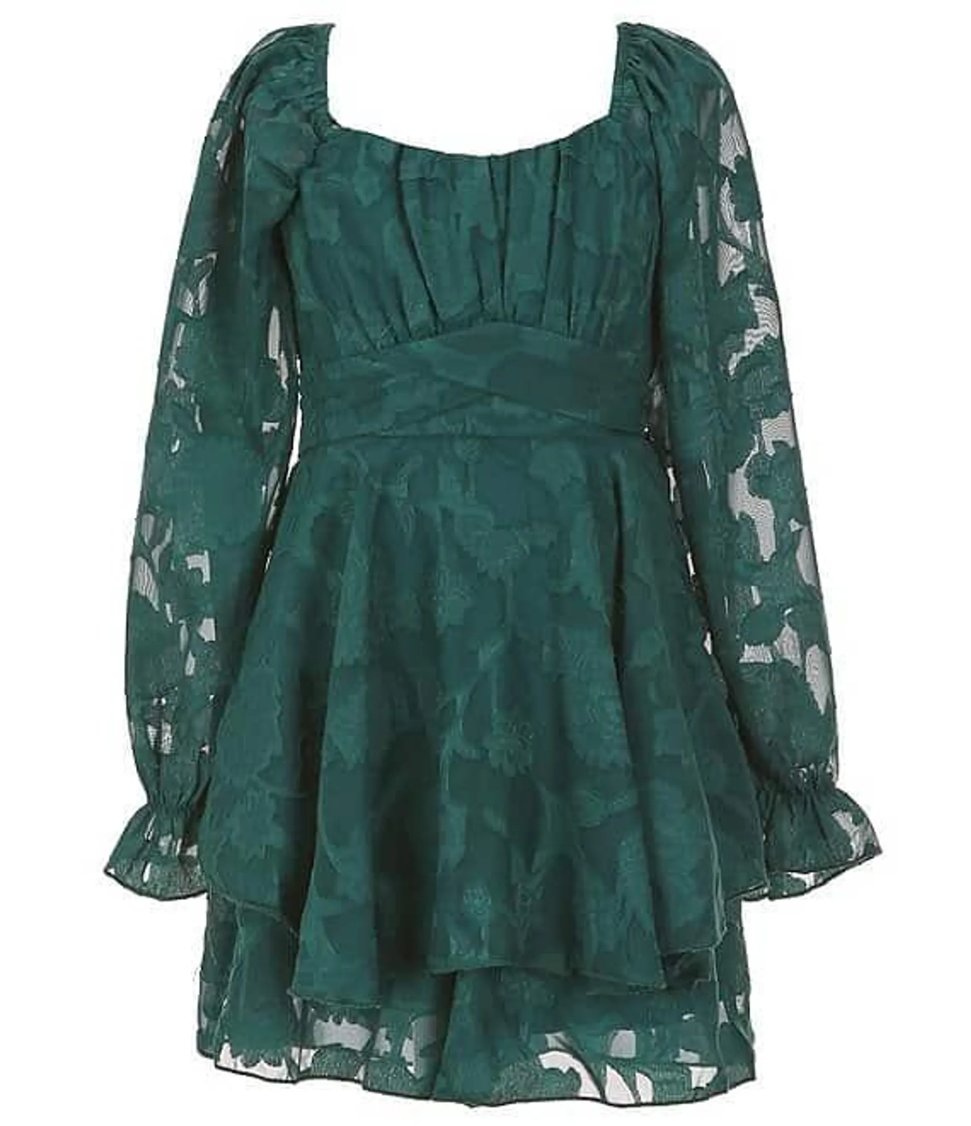 Big Girls 7-16 Long Sleeve Floral Tonal Burnout Jacquard Chiffon Dress