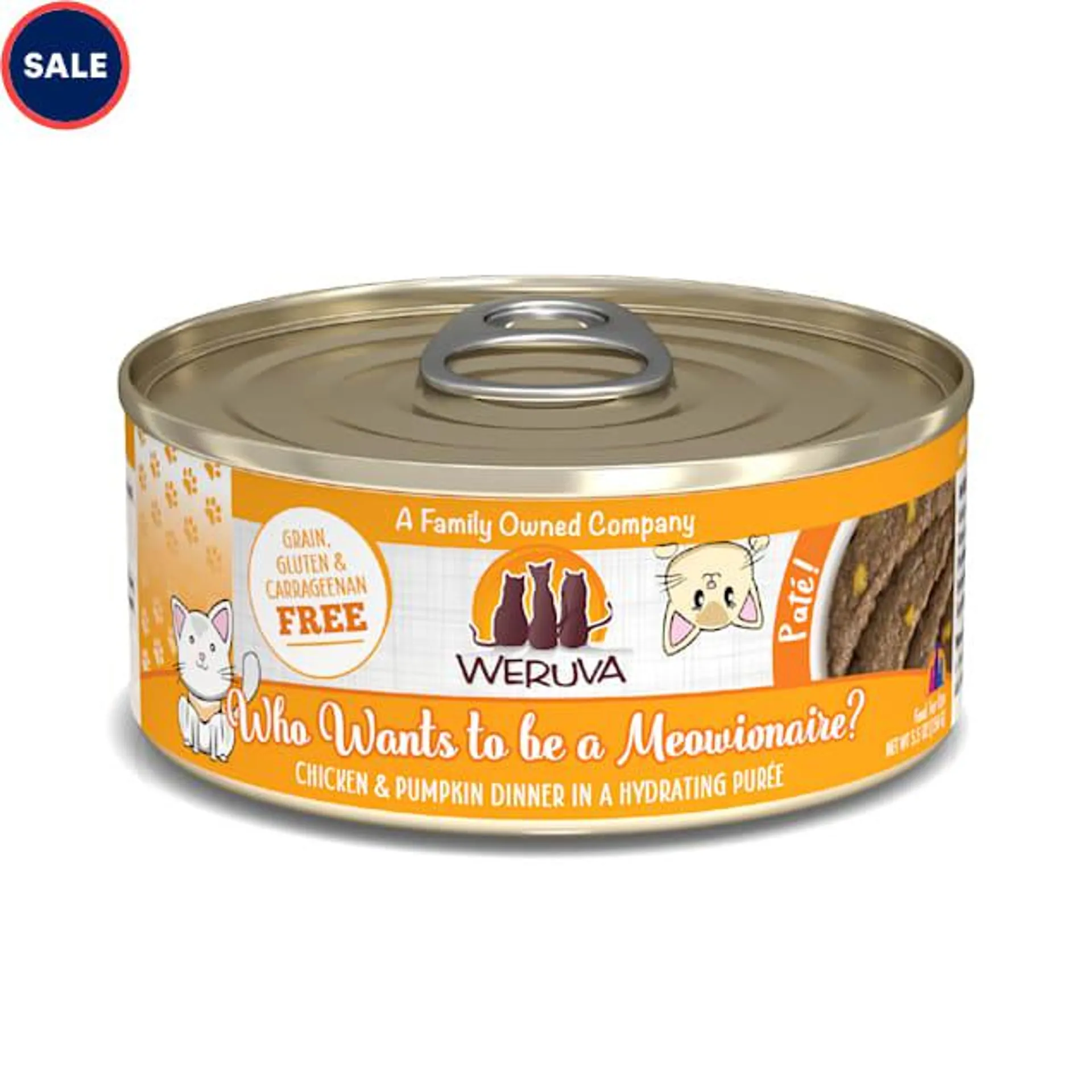 Weruva Pate Who Wants to be a Meowionaire? Chicken & Pumpkin Dinner in a Hydrating Puree Wet Cat Food, 5.5 oz., Case of 8