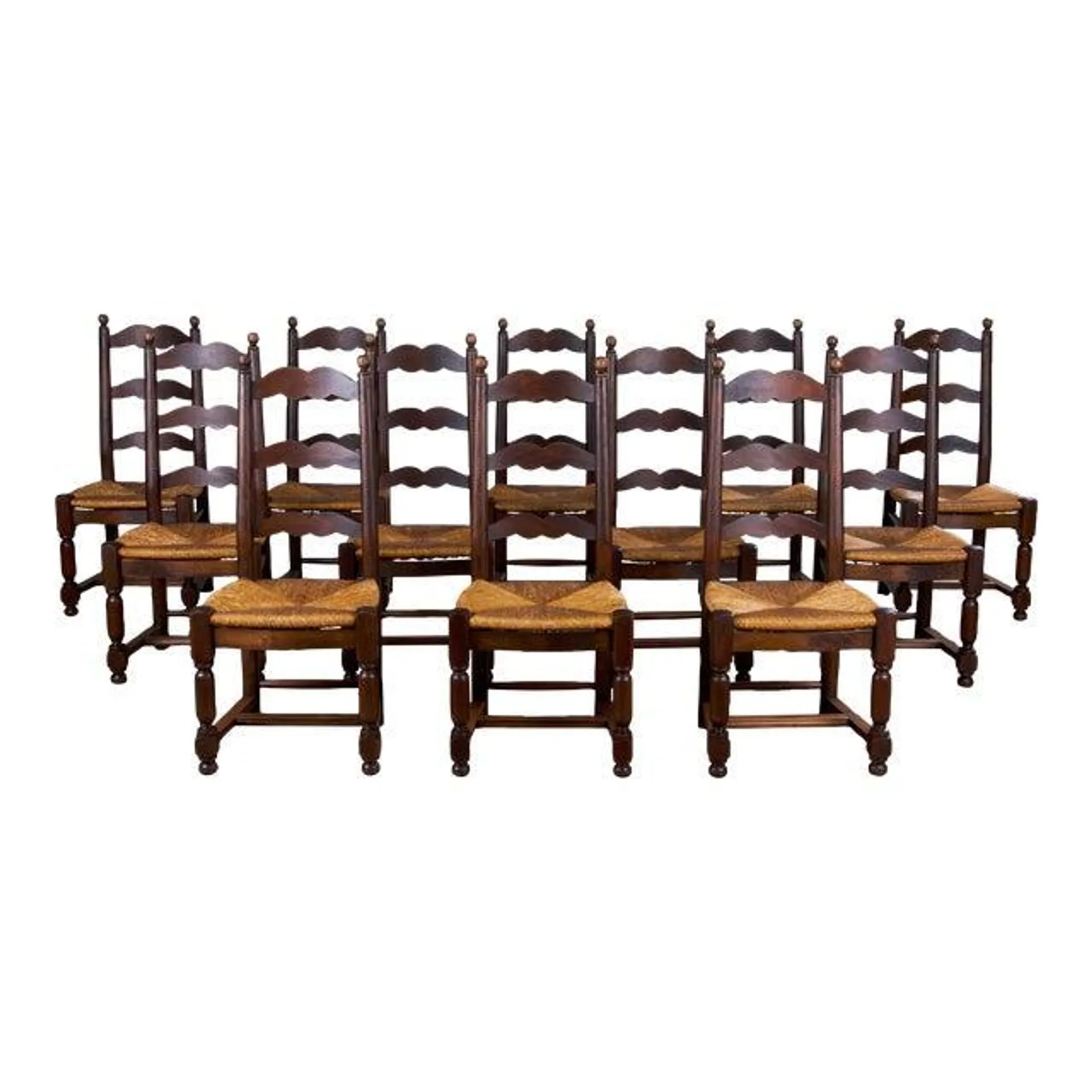 Antique Country French Style Maple Ladder Back Farmhouse Dining Chairs W/ Rush Seats - Set of 12