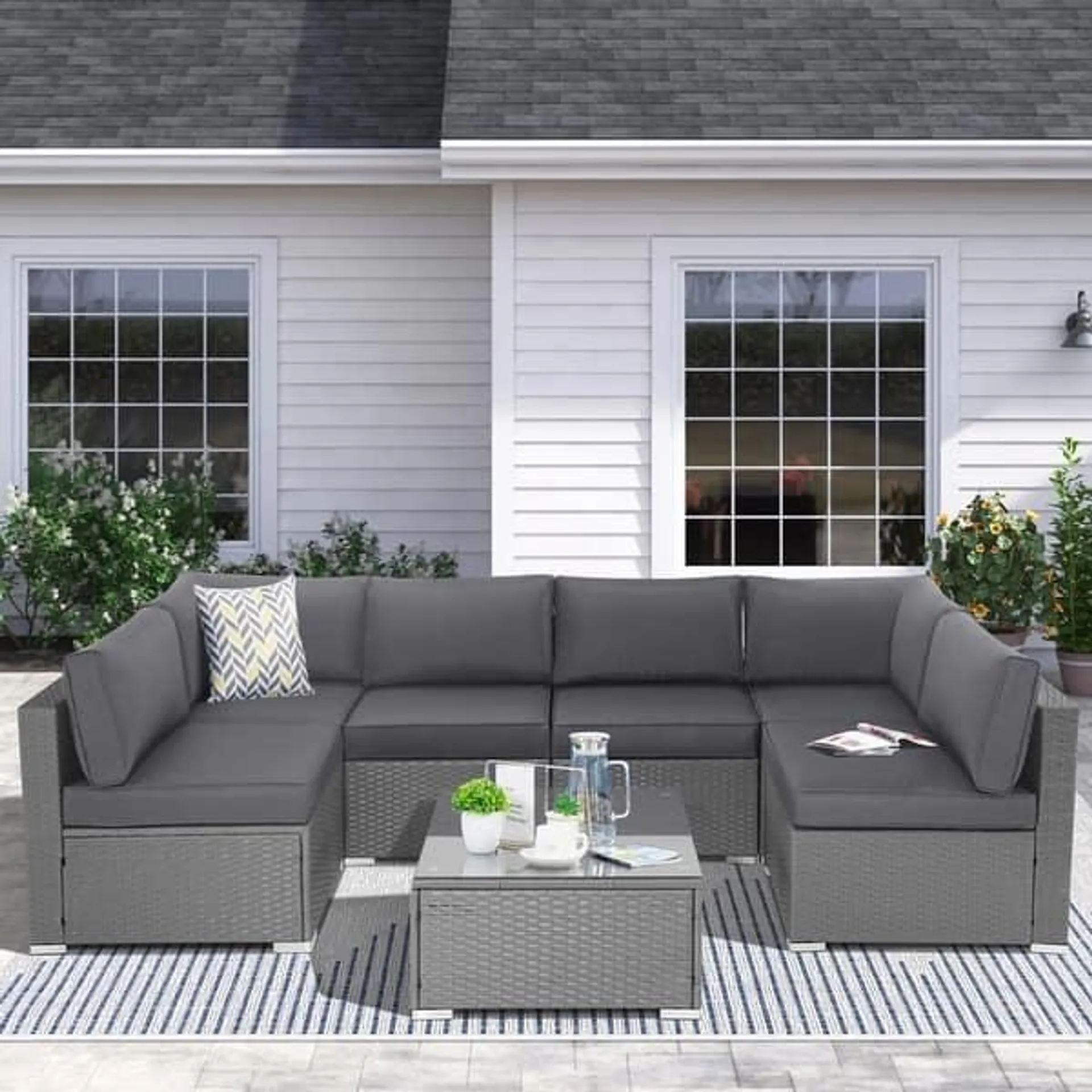 SUNCROWN Outdoor 7 Pieces Patio Furniture Grey Wicker Sectional Sofa Set