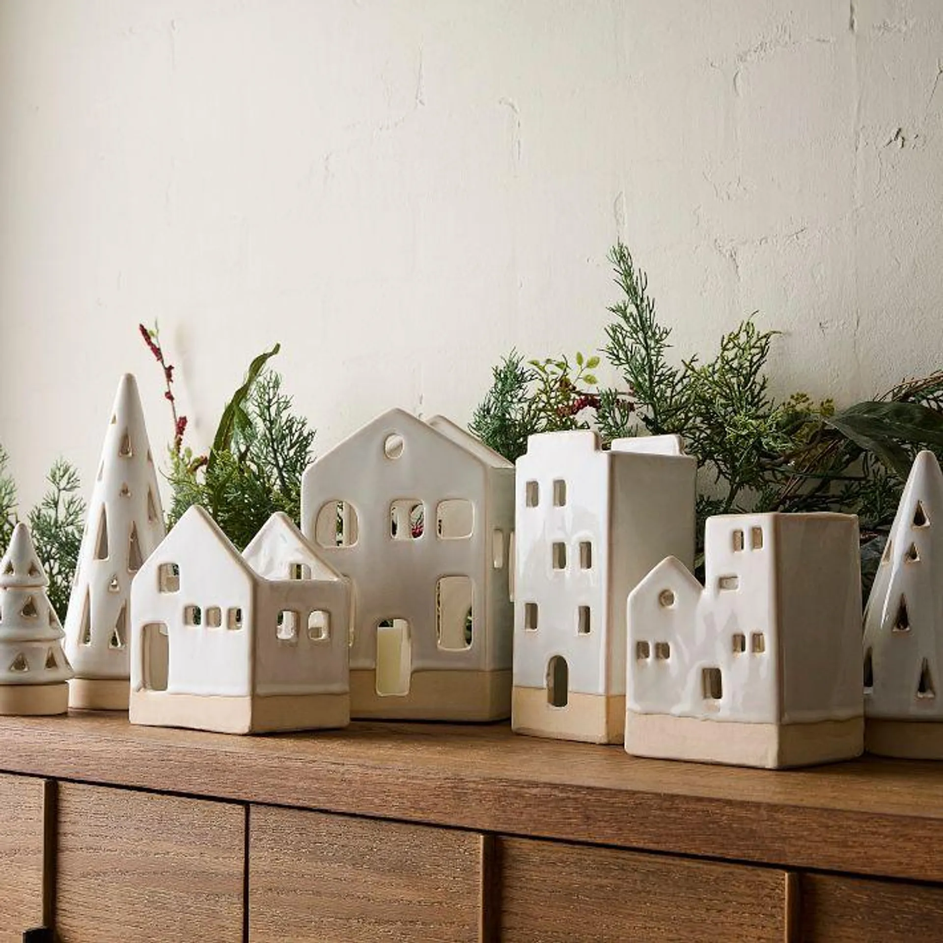 Ceramic Tree & Village Tealight Candleholders