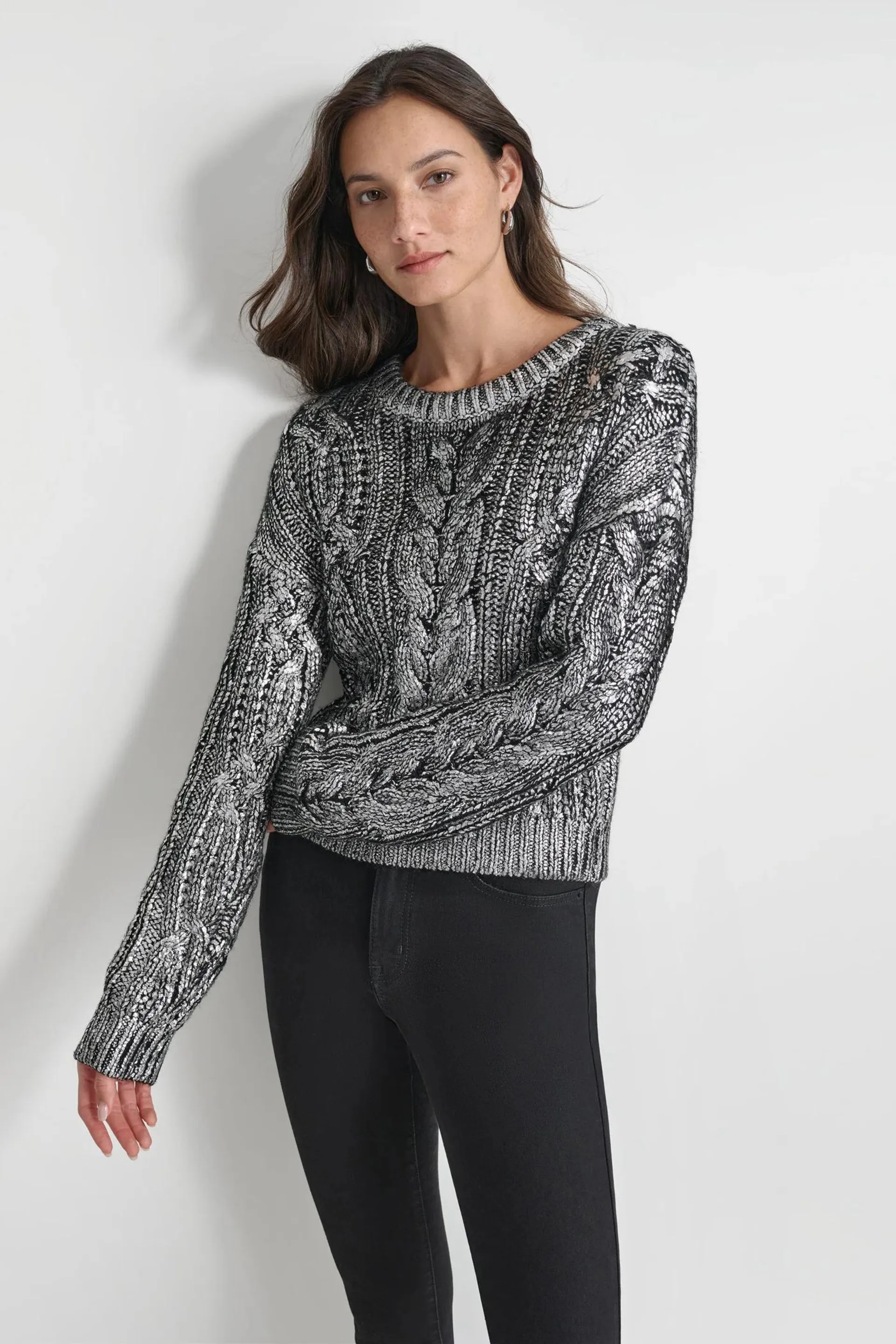 FOIL PRINT CHUNKY CABLE SWEATER