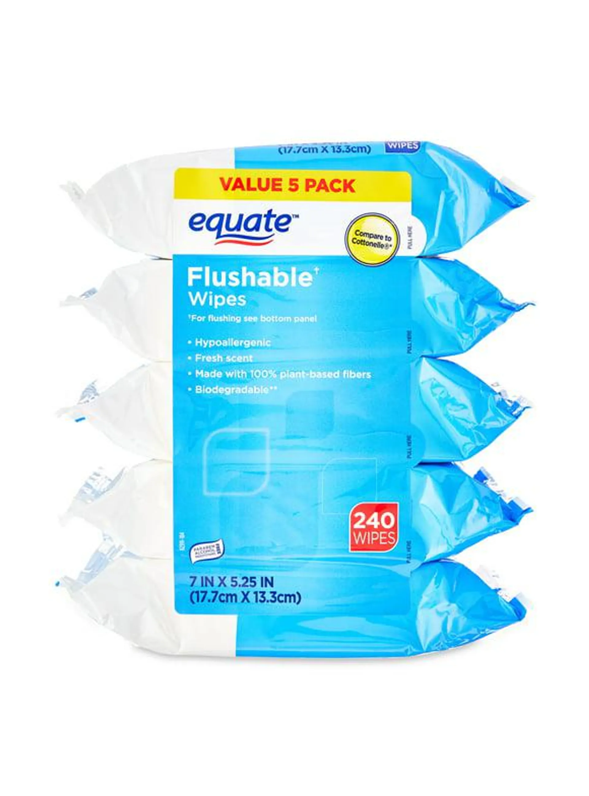 Equate Fresh Scent Flushable Wipes, 5 Resealable Packs (240 Total Wipes)