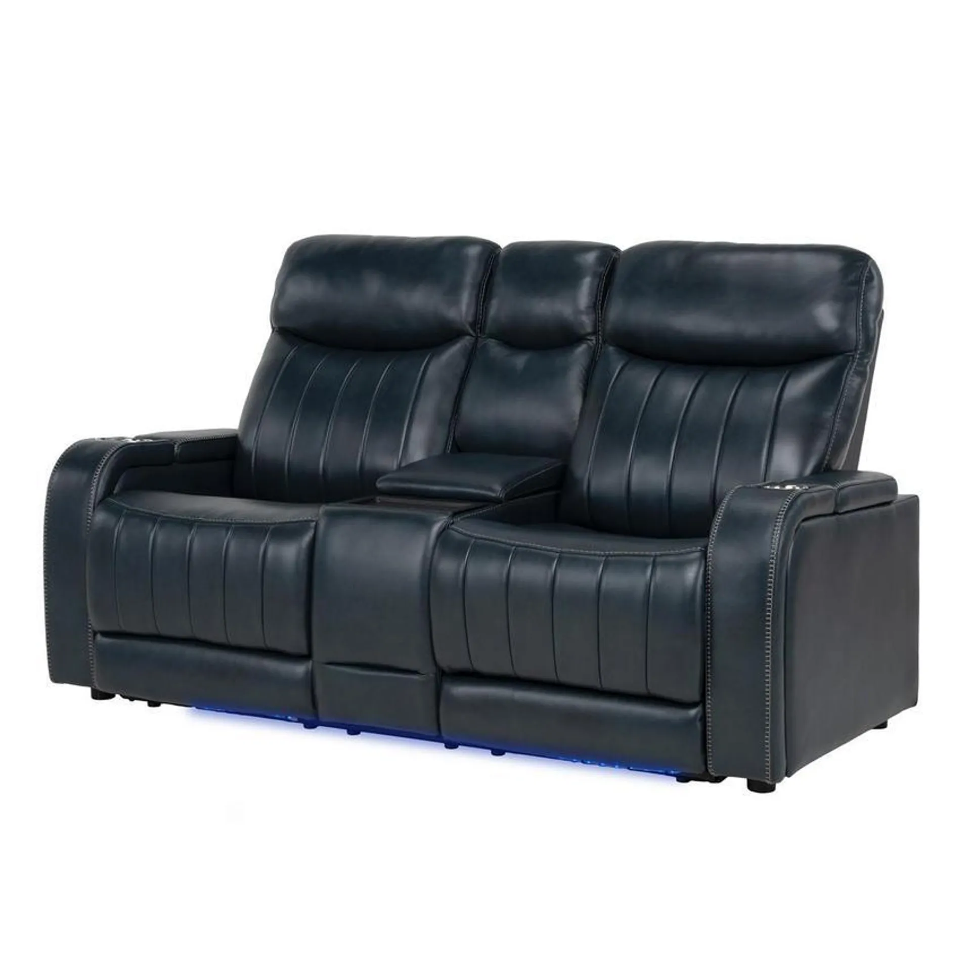 Neptune Blue Leather Power Reclining Sofa w/Console