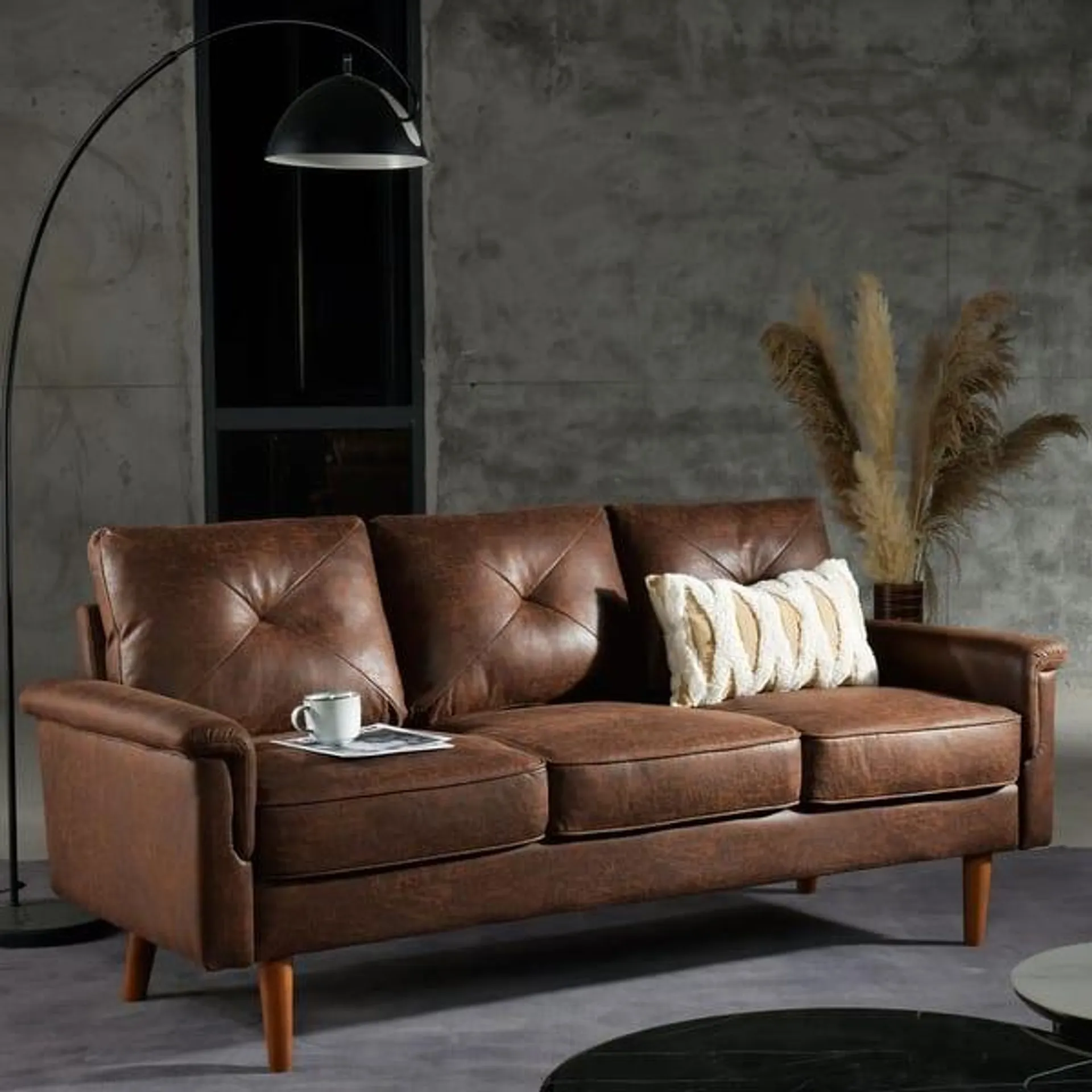 HOOOWOOO Mid-Century 3-Seat Upholstered Sofa with Wood Legs for Living Room