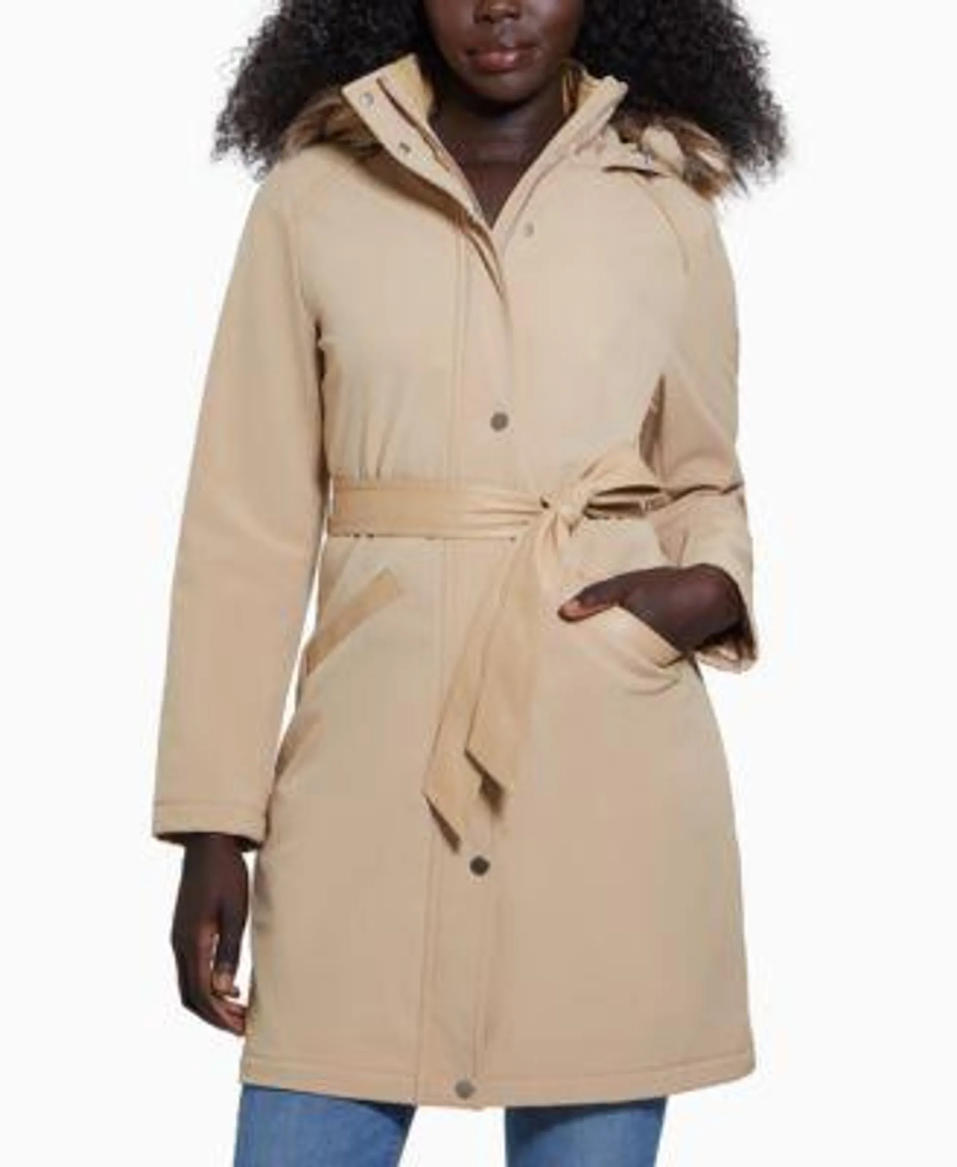 Women's Faux-Fur-Trim Hooded Belted Raincoat