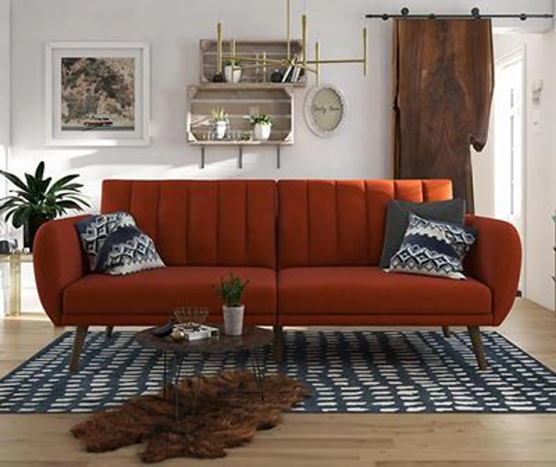 Brittany Persimmon Orange Linen Convertible Sleeper Futon