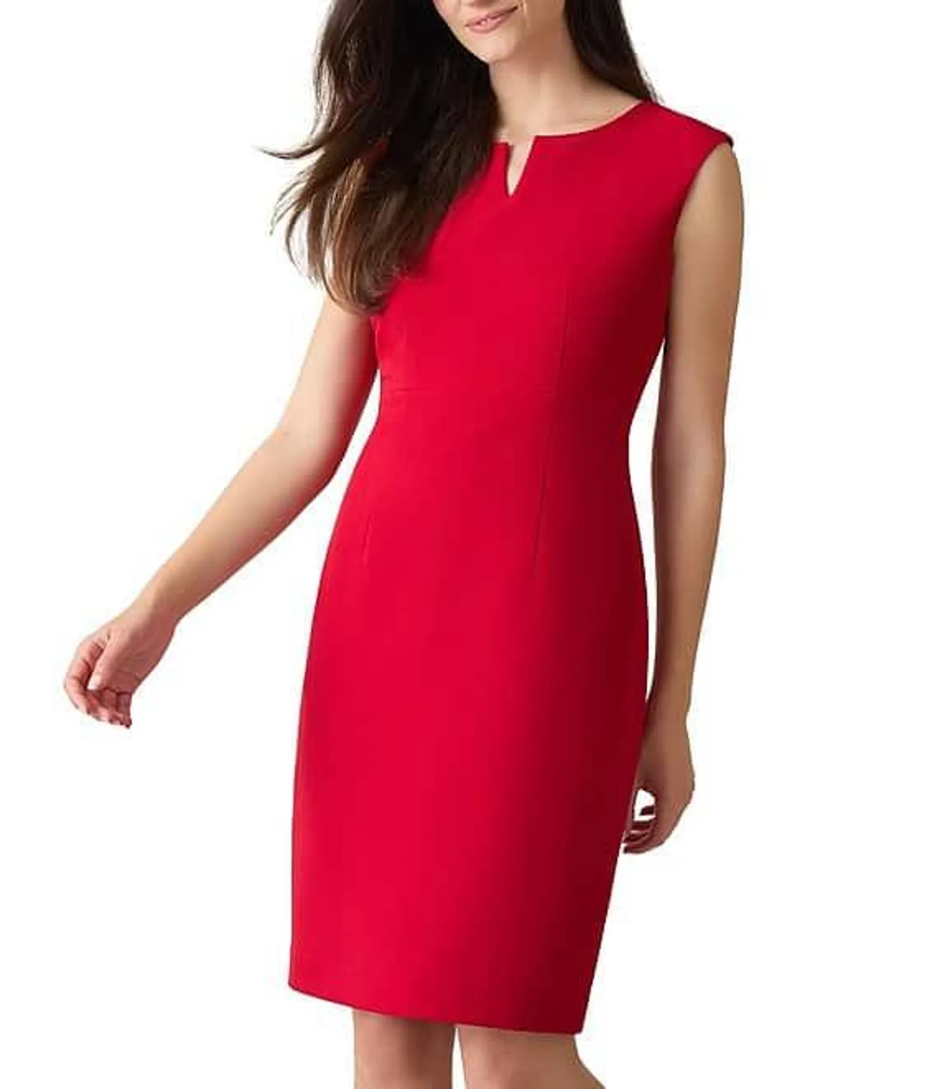 Cap Sleeve Split Round Neck Crepe Sheath Dress