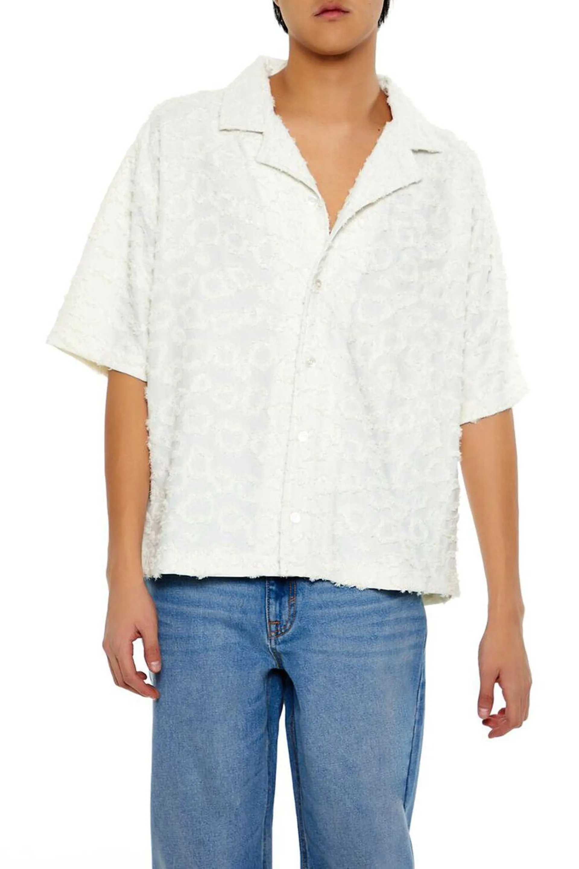 Frayed Jacquard Cuban Collar Shirt