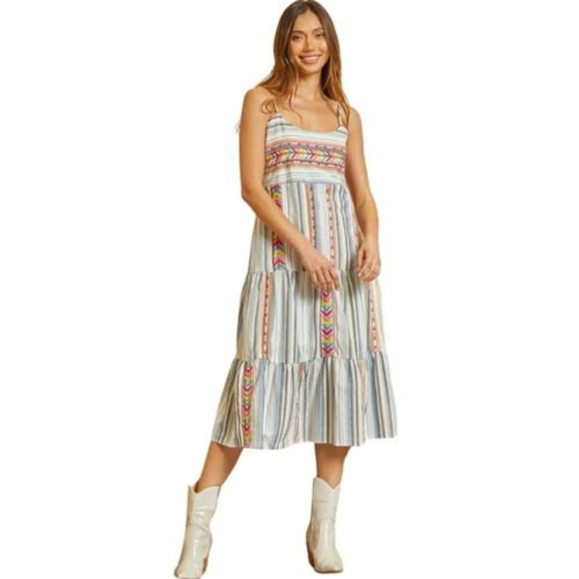 Savanna Jane Womens Denim Striped Embroidery Adjustable Straps Dress