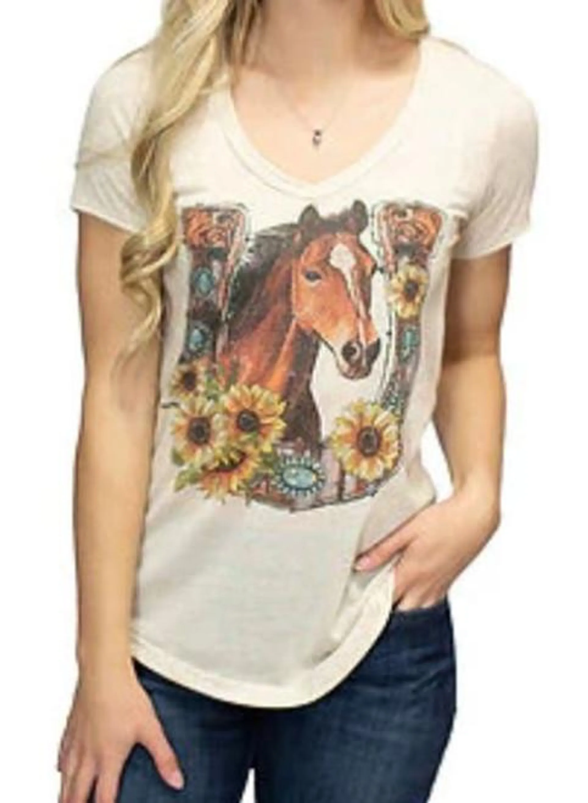 Liberty Wear Apparel Women's Cream Short Sleeve Shirt with Sunflower Mare Graphic