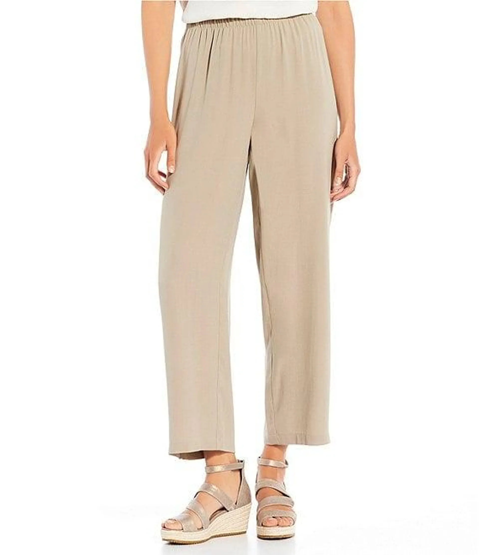 Silk Georgette Crepe Elastic Waisted Wide-Leg Pull-On Ankle Pants