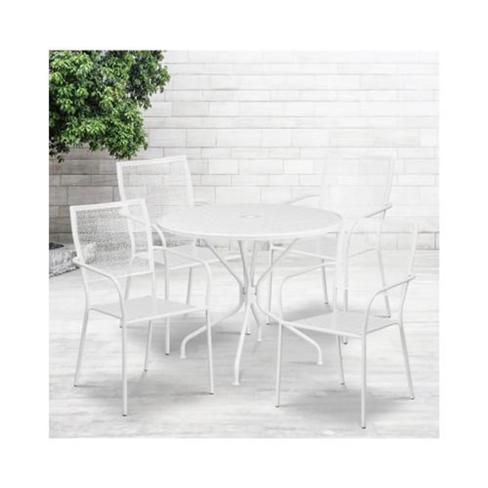 Commercial Grade 35.25" Round White Indoor Outdoor Steel Patio Table Set with 4 Square Back Chairs