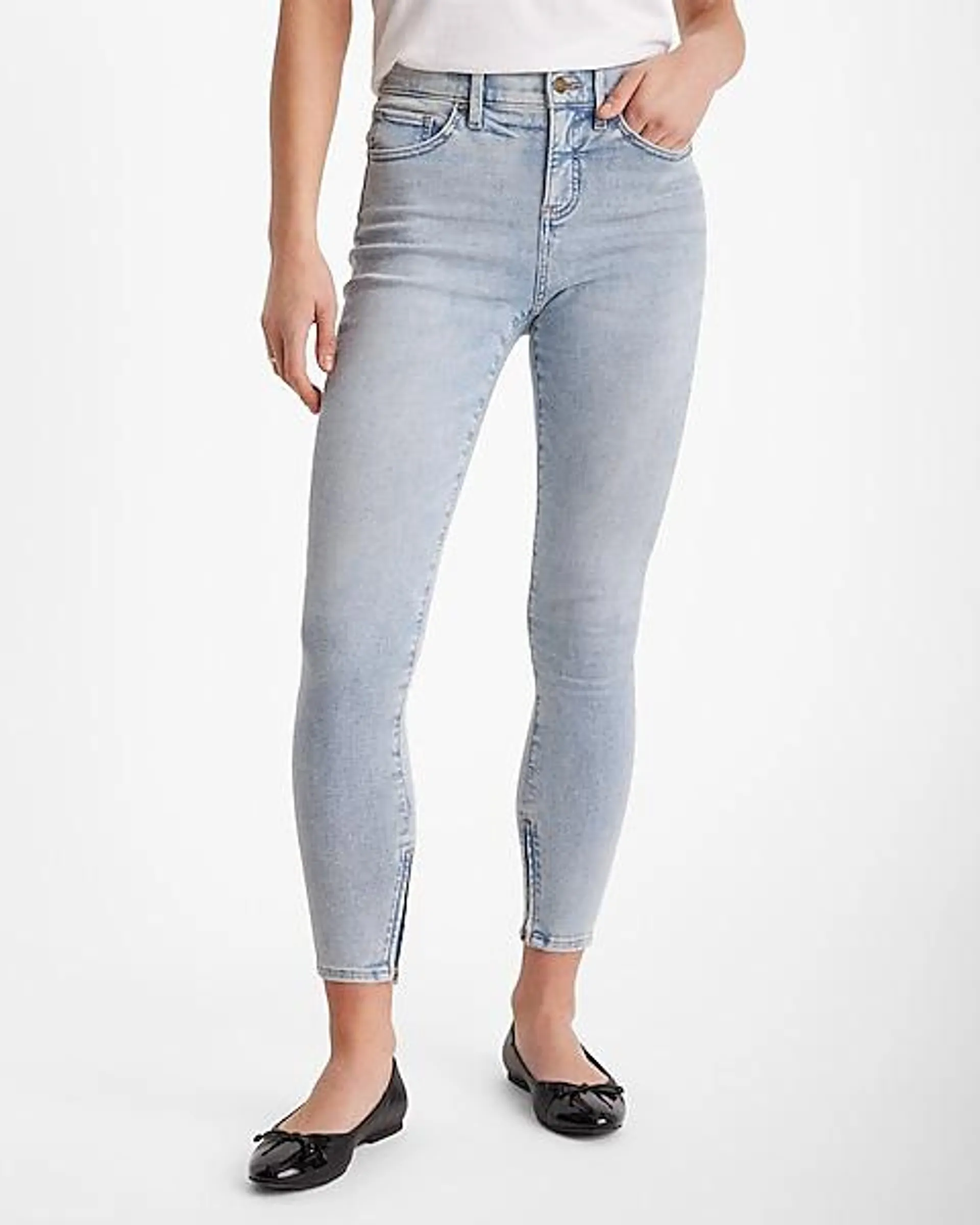 Mid Rise Light Wash Zip Hem Skinny Jeans