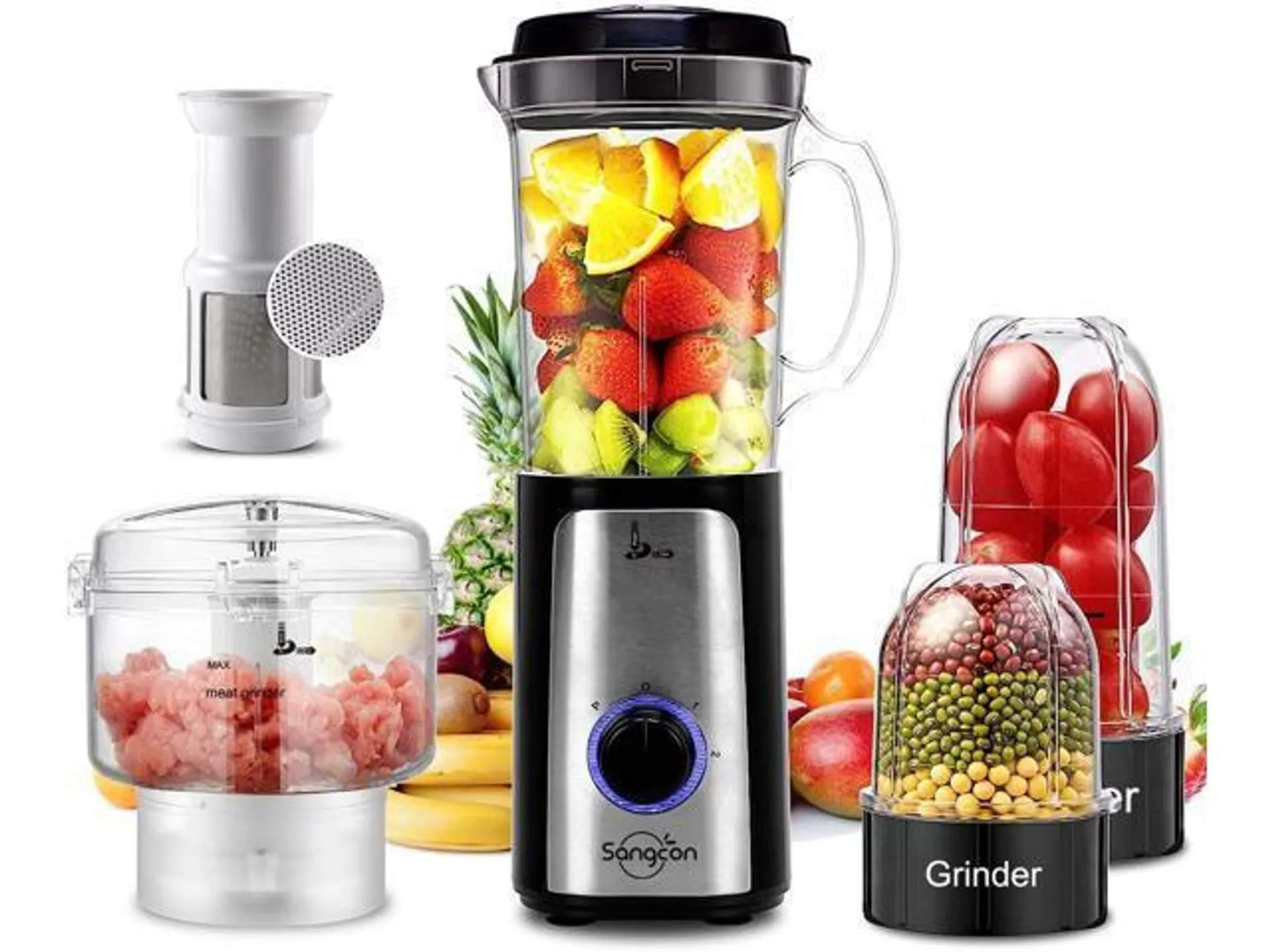 SANGCON 5 in 1 Blender and Food Processor Combo for Kitchen, Small Electric Food Chopper for Meat and Vegetable, 350W High Speed Blenders with 2 Speeds and Pulse for Smoothies and Shakes